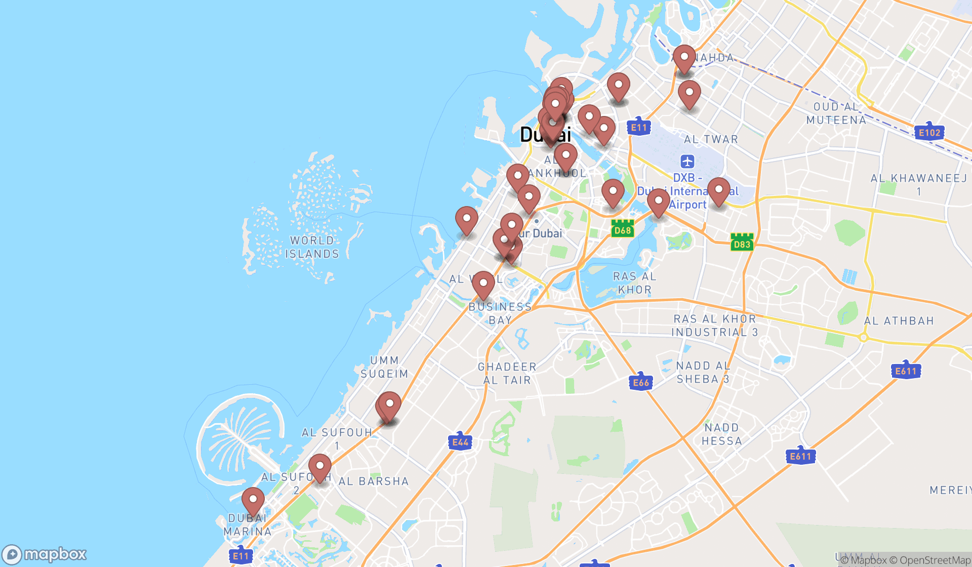 Map showing the search results in Dubai