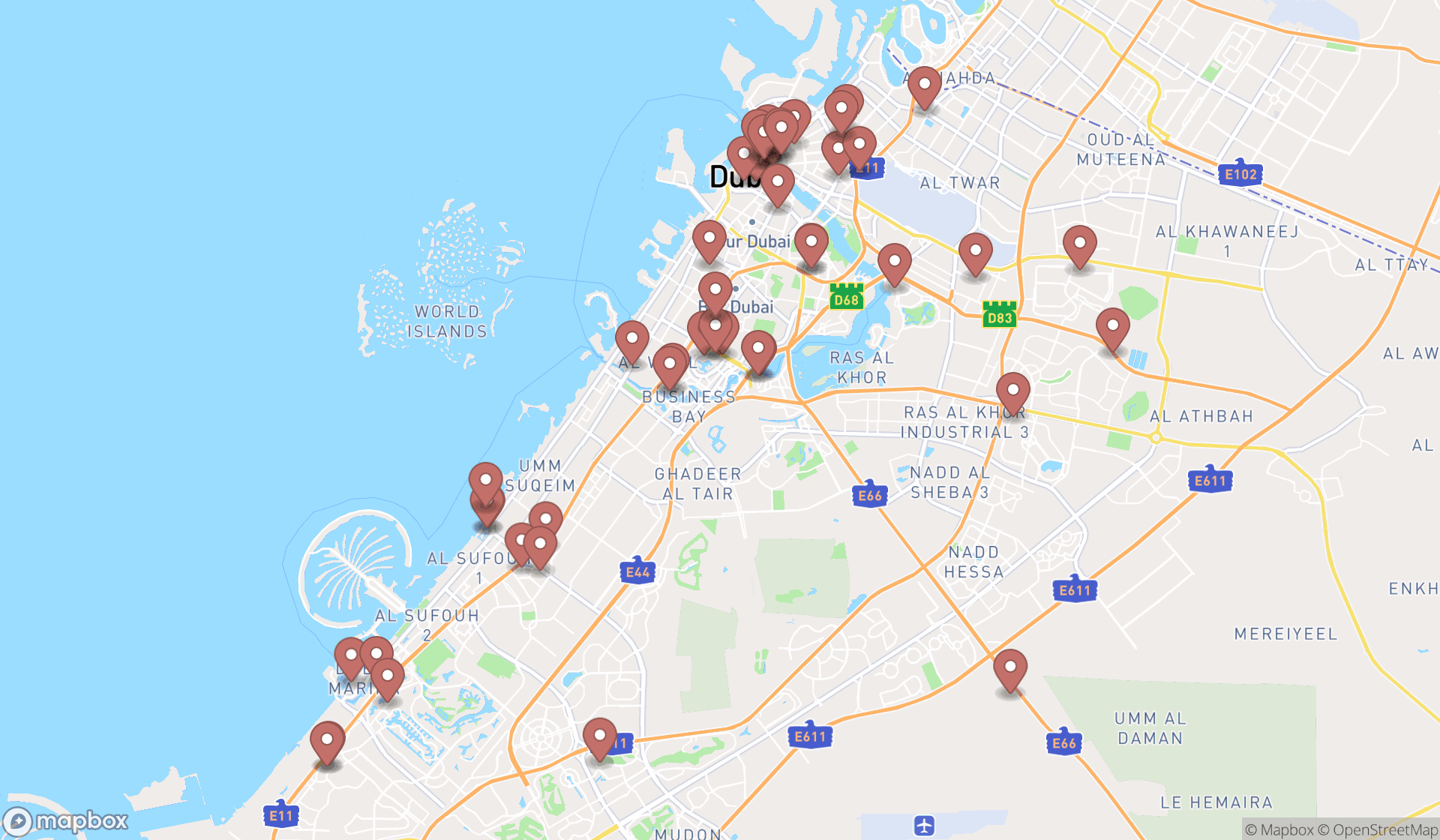 Map showing the search results in Dubai