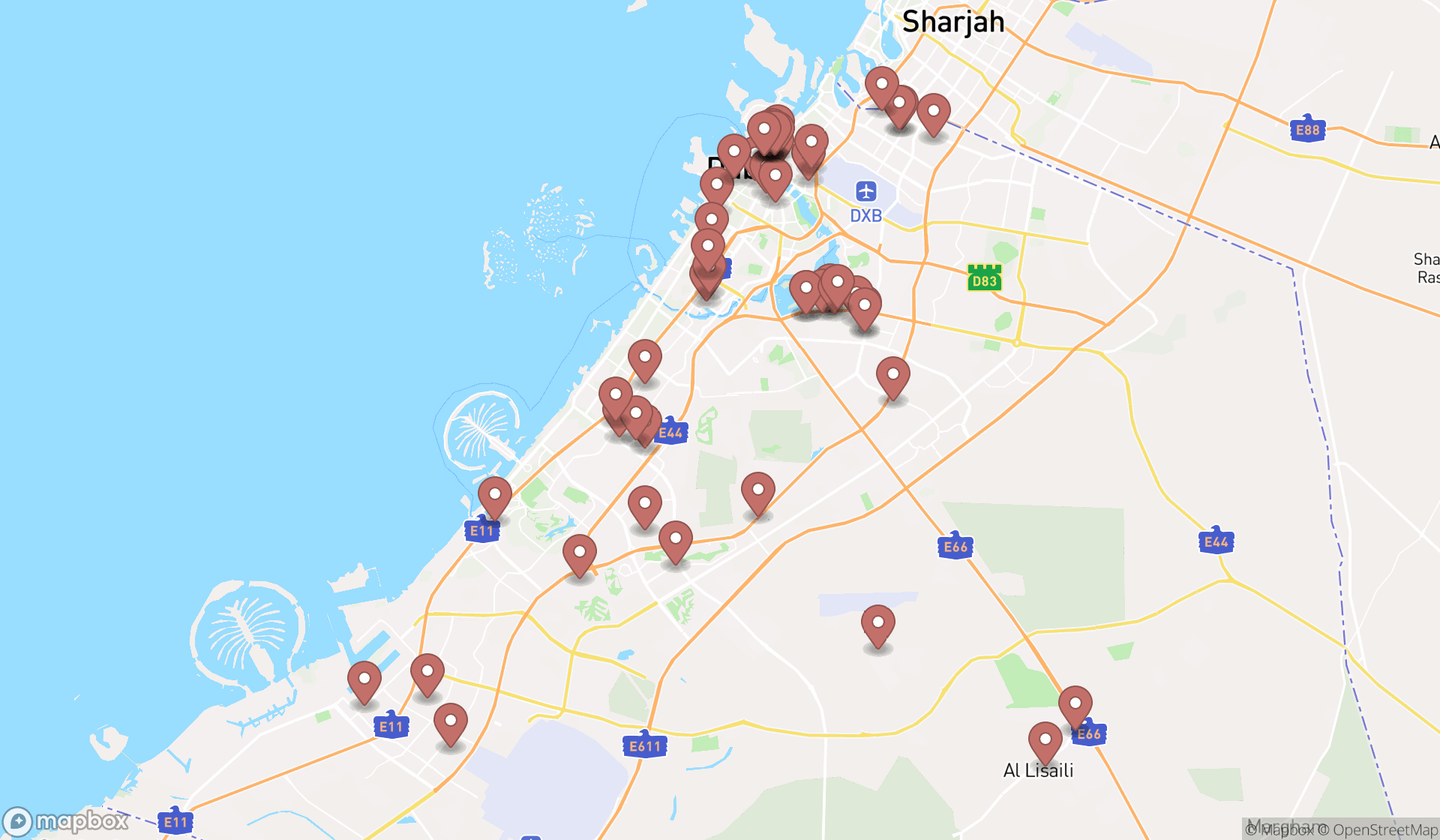 Map showing the search results in Dubai