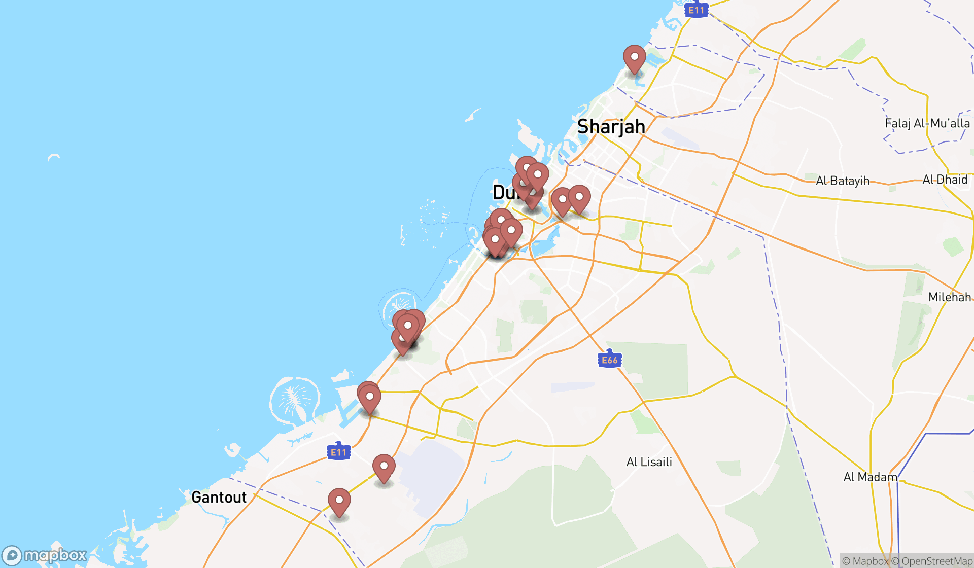 Map showing the search results in Dubai