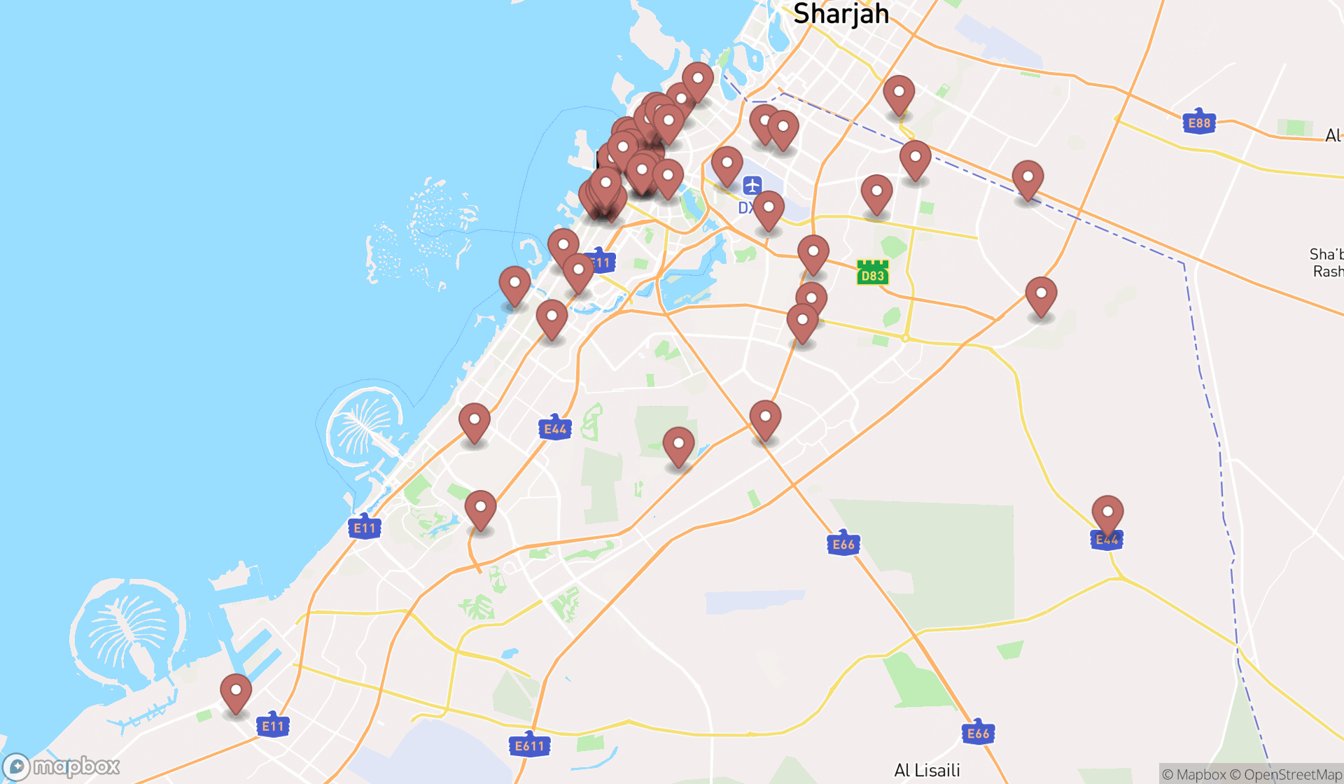 Map showing the search results in Dubai