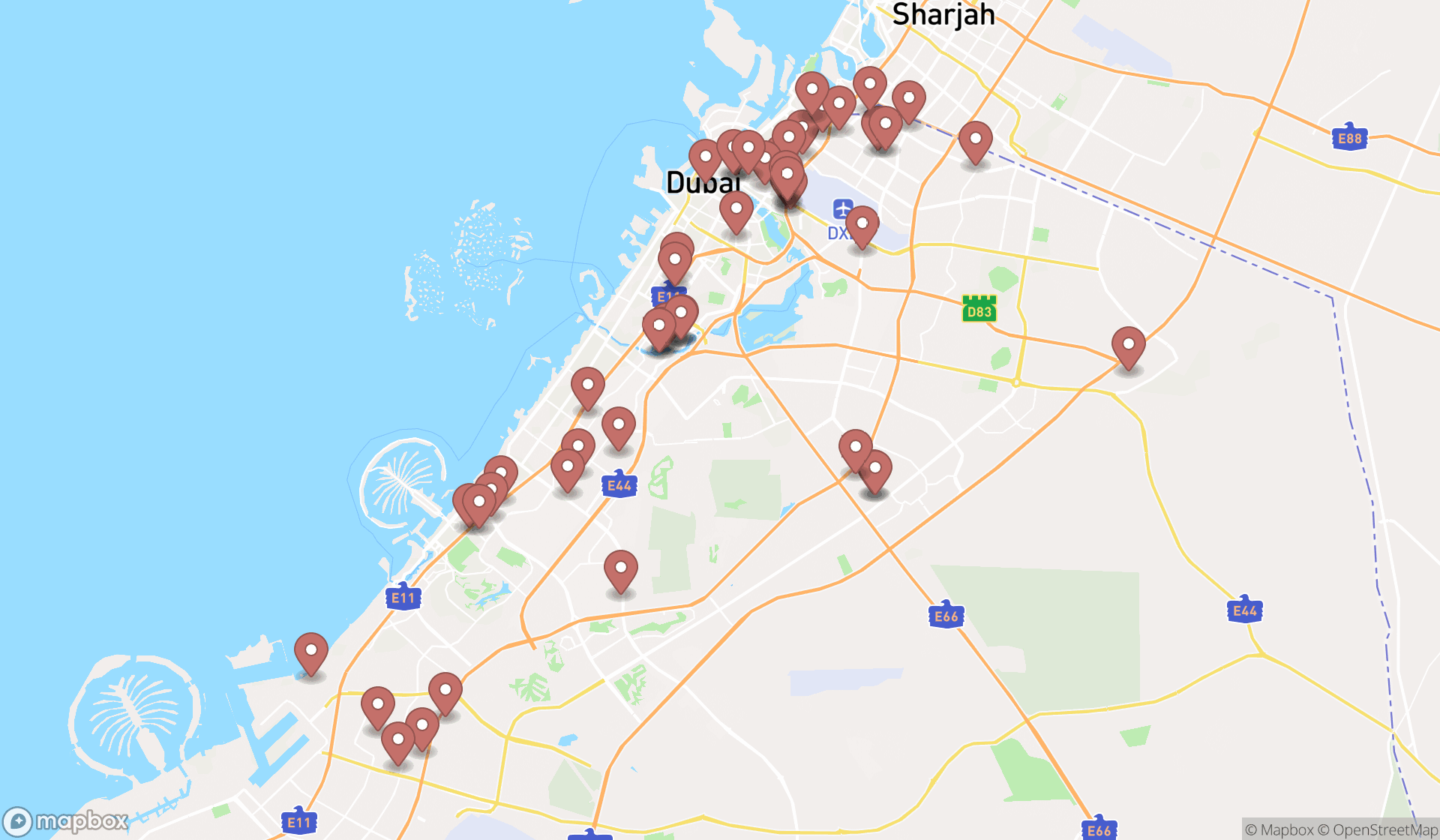 Map showing the search results in Dubai