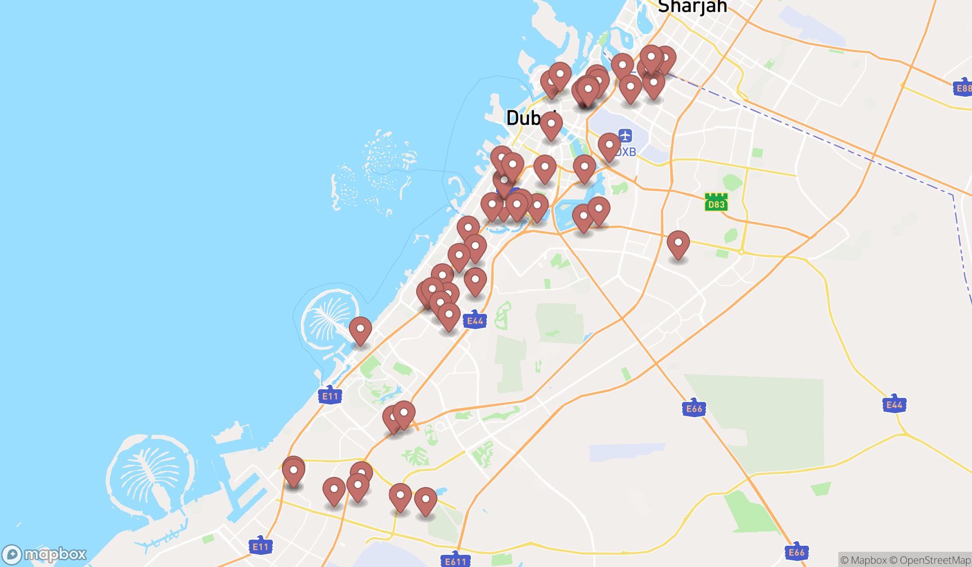Map showing the search results in Dubai