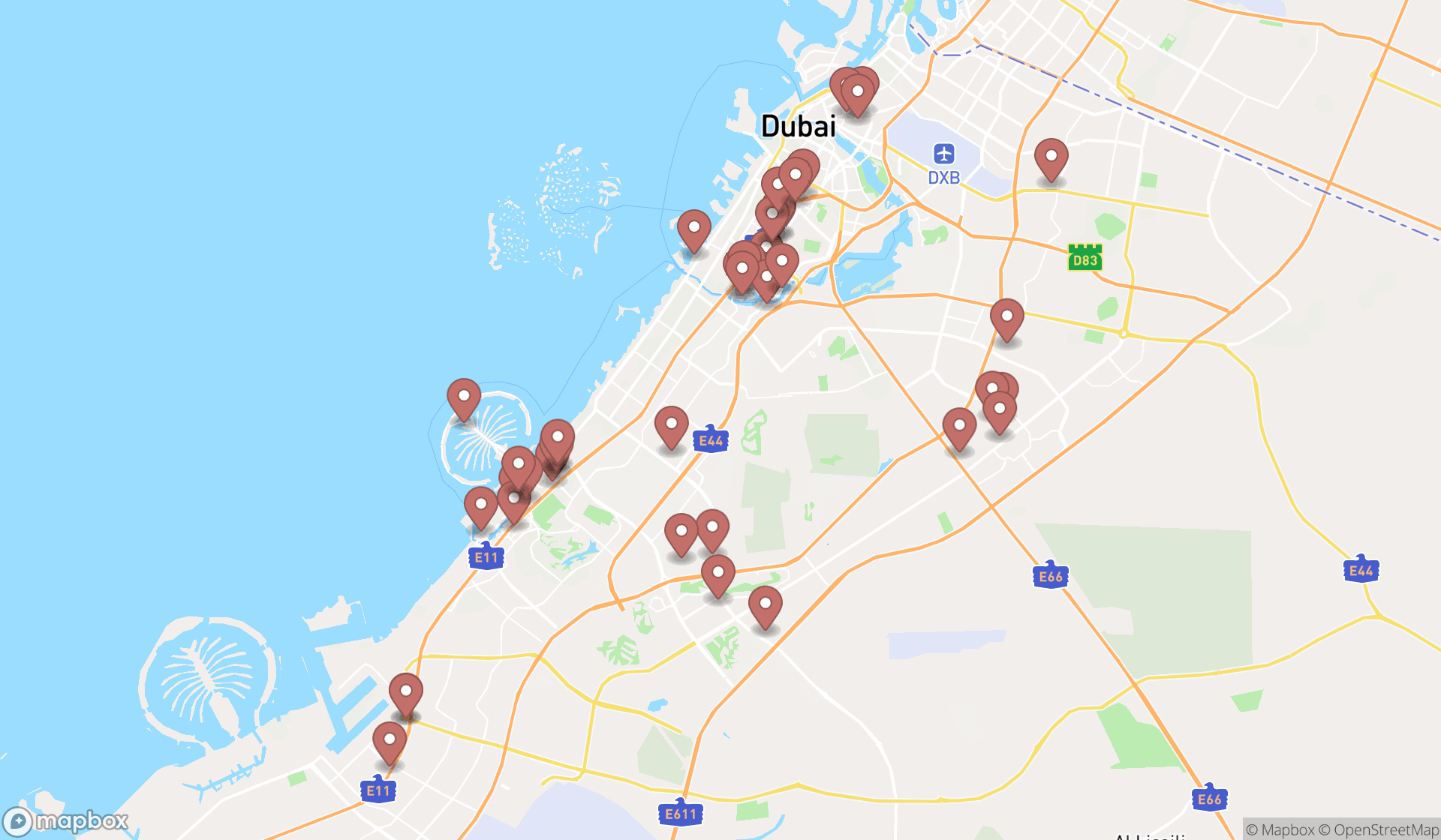Map showing the search results in Dubai
