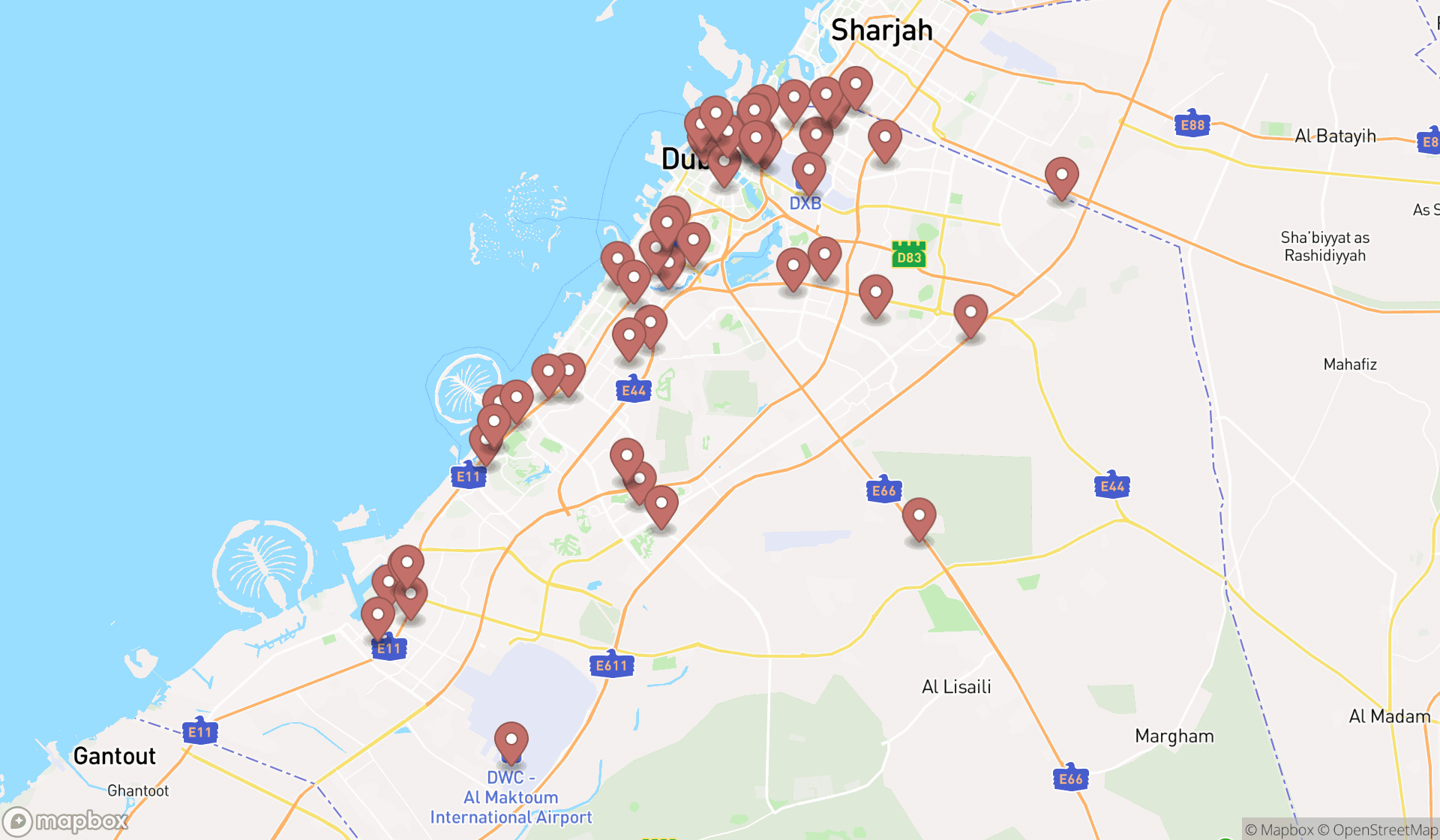 Map showing the search results in Dubai