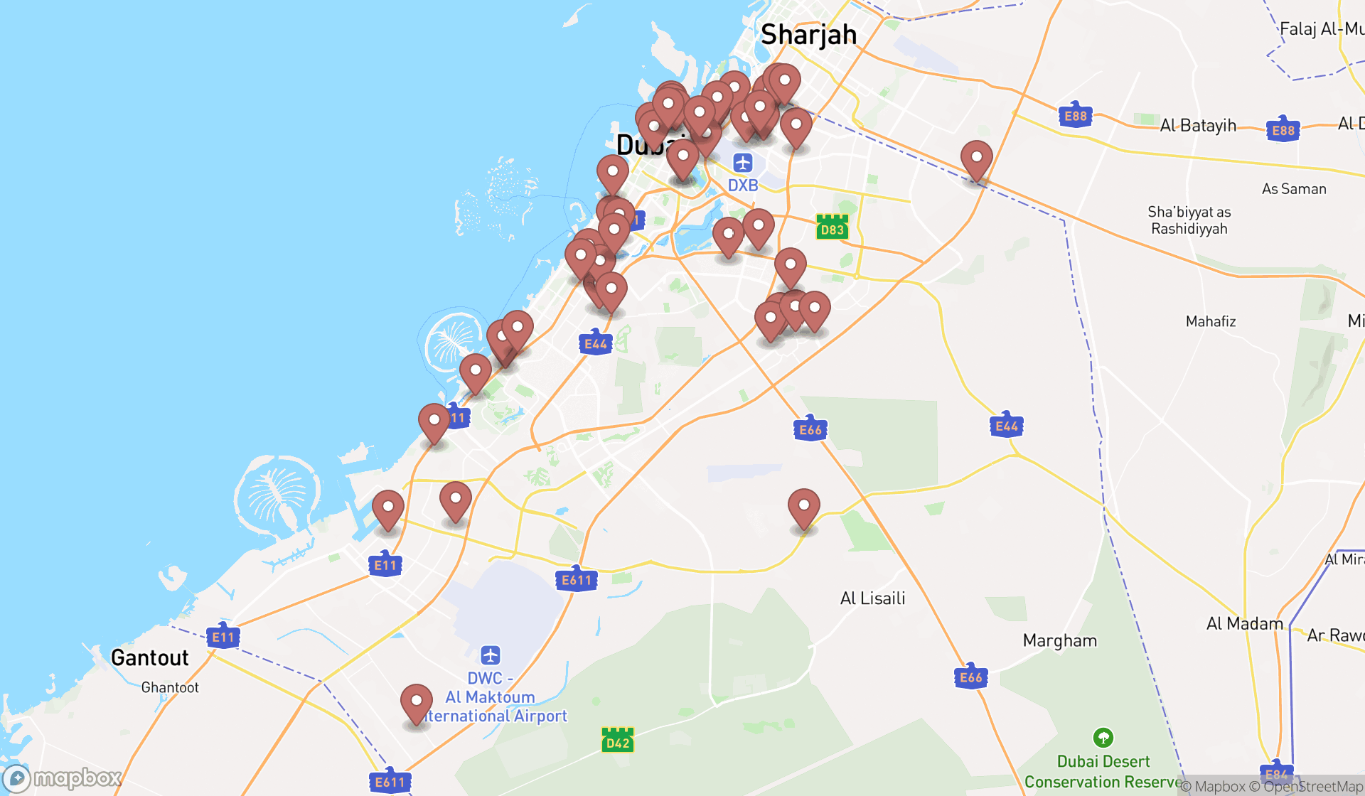Map showing the search results in Dubai