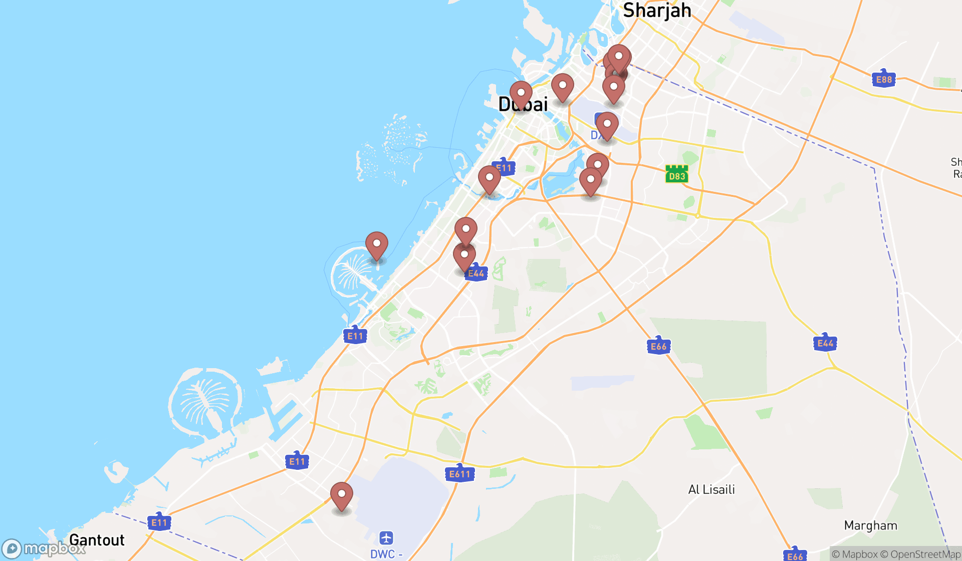 Map showing the search results in Dubai