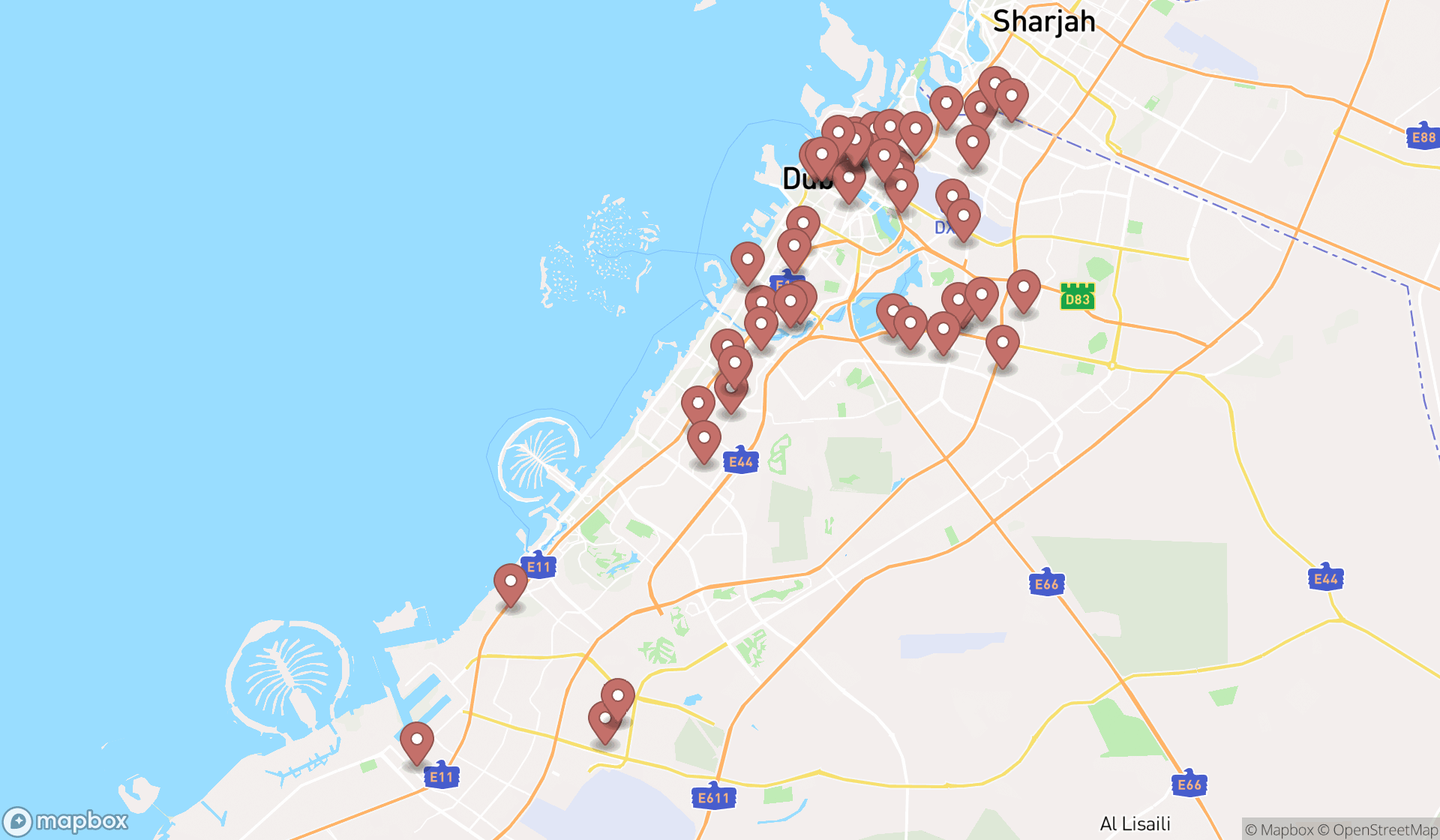 Map showing the search results in Dubai