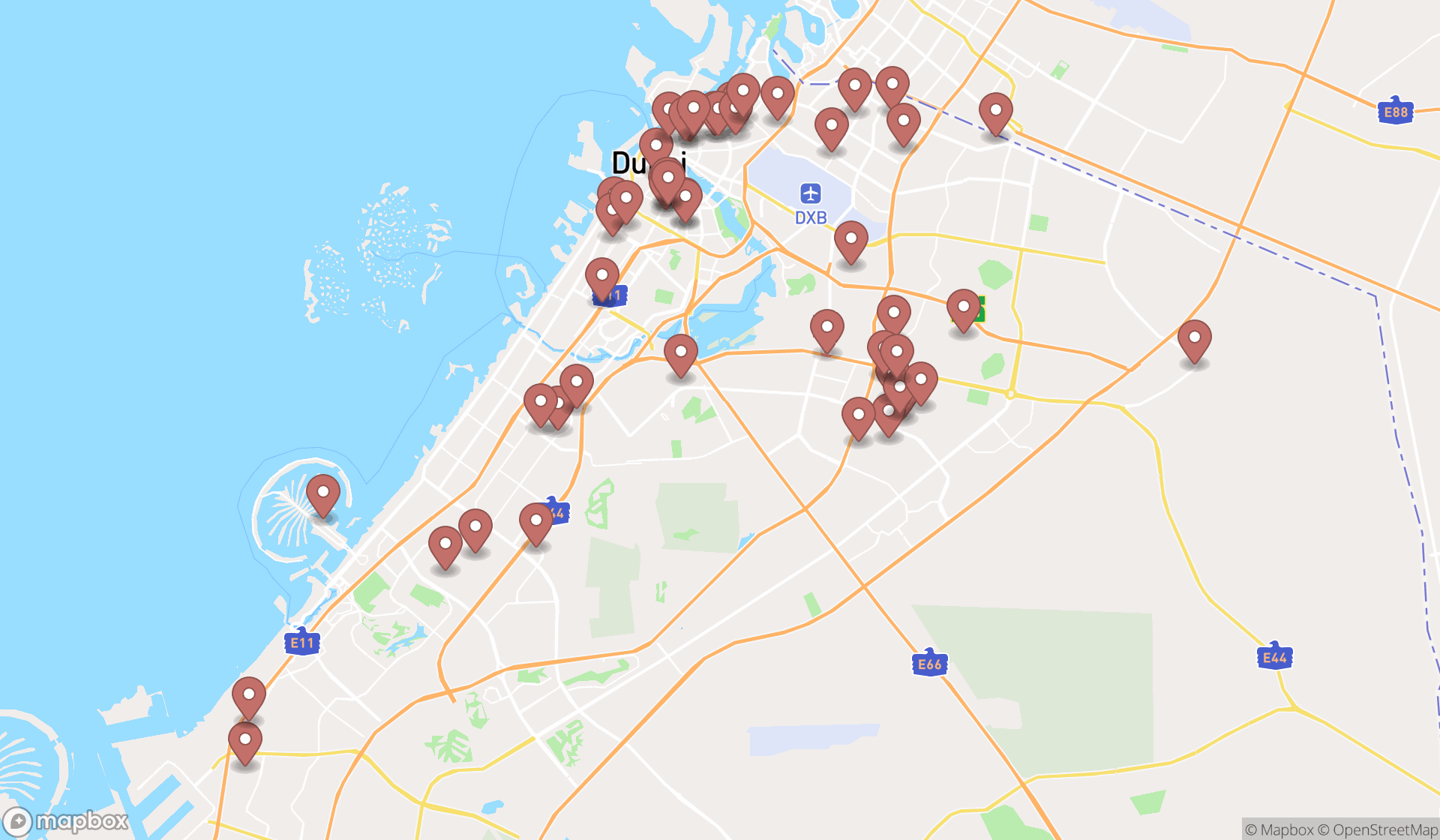 Map showing the search results in Dubai