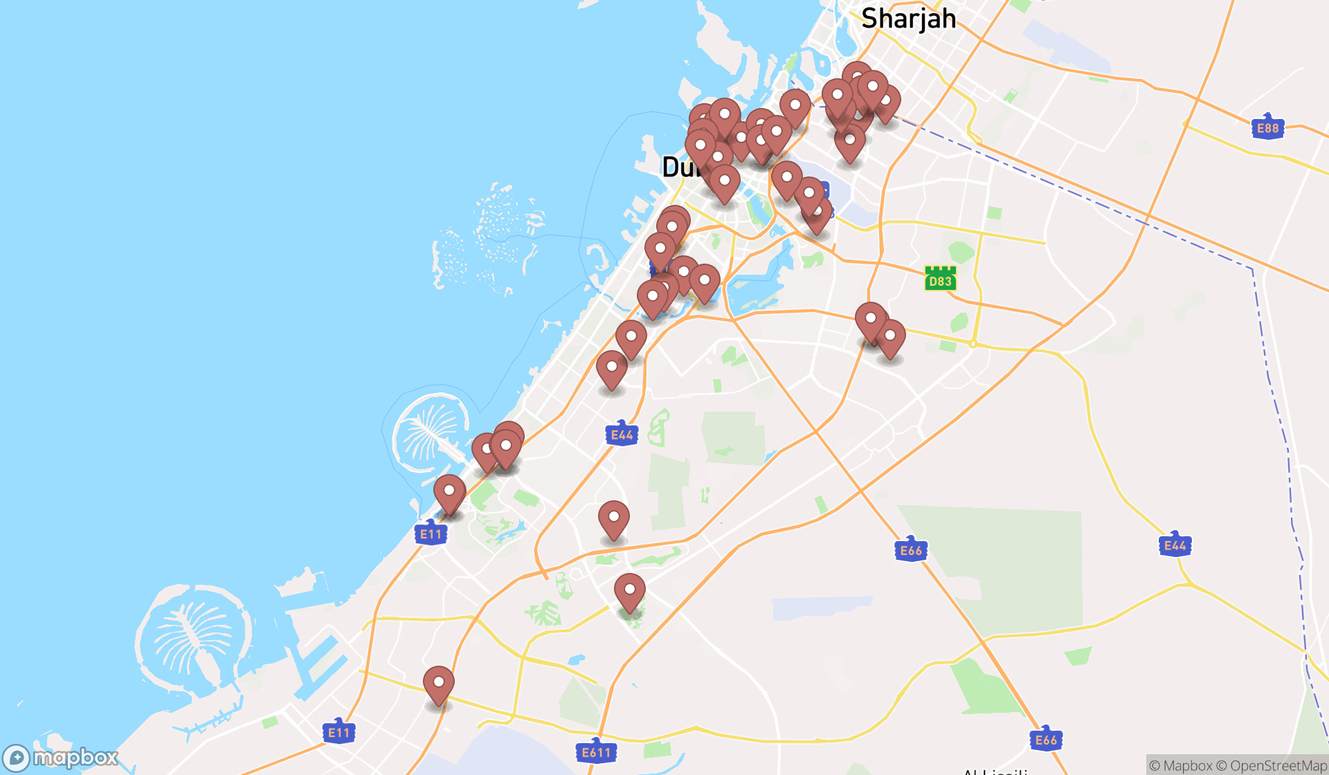 Map showing the search results in Dubai
