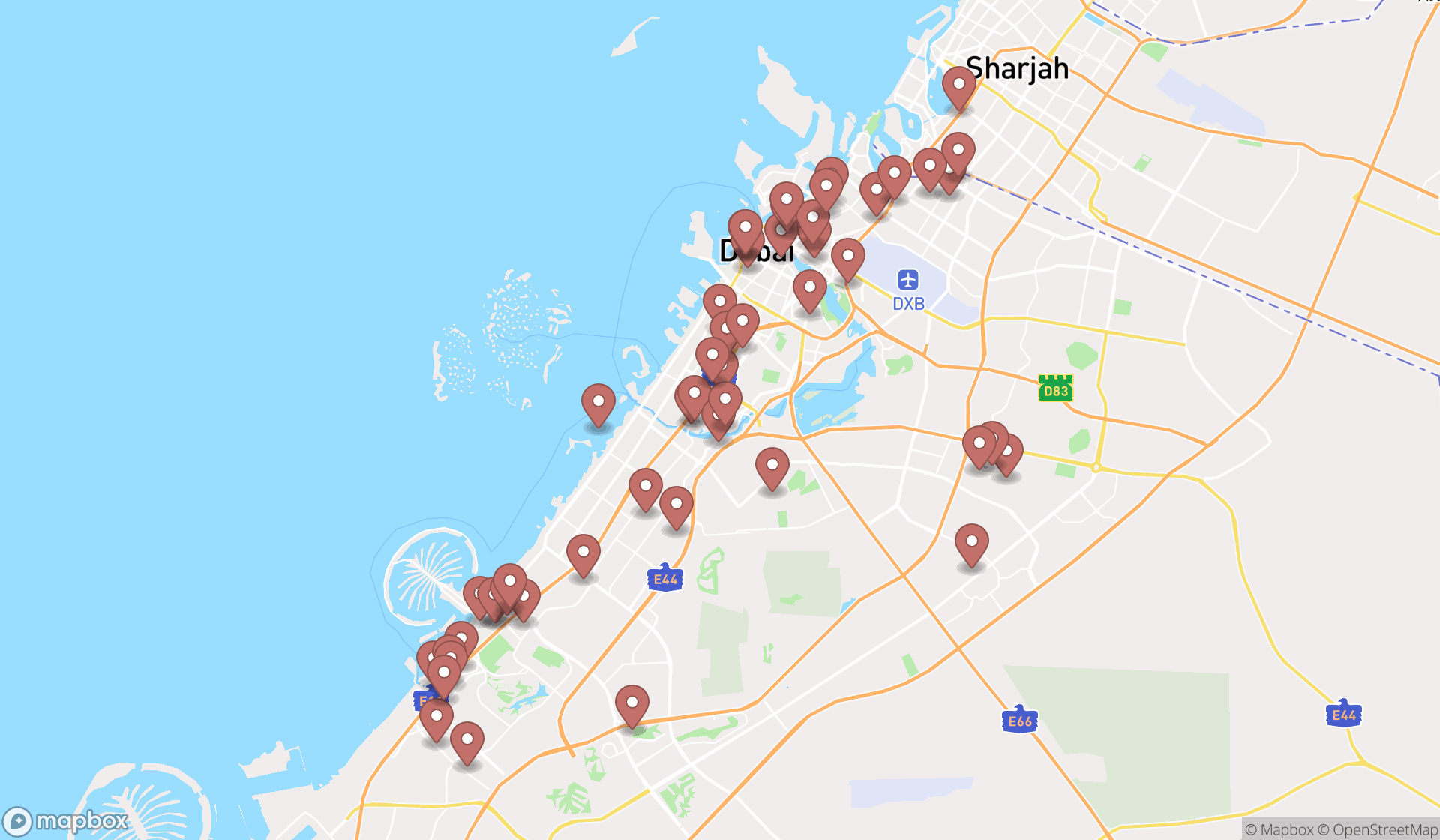 Map showing the search results in Dubai
