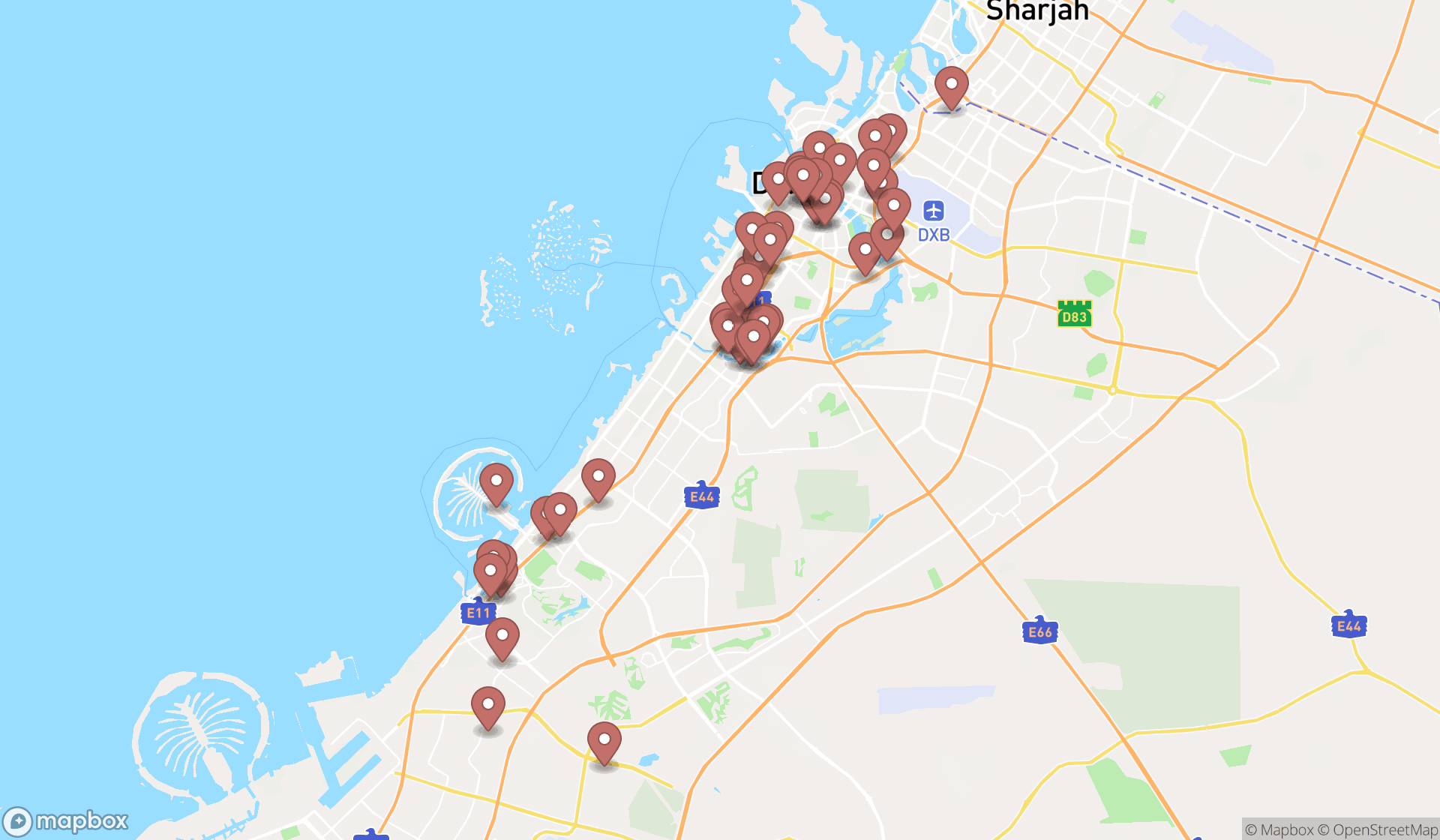 Map showing the search results in Dubai