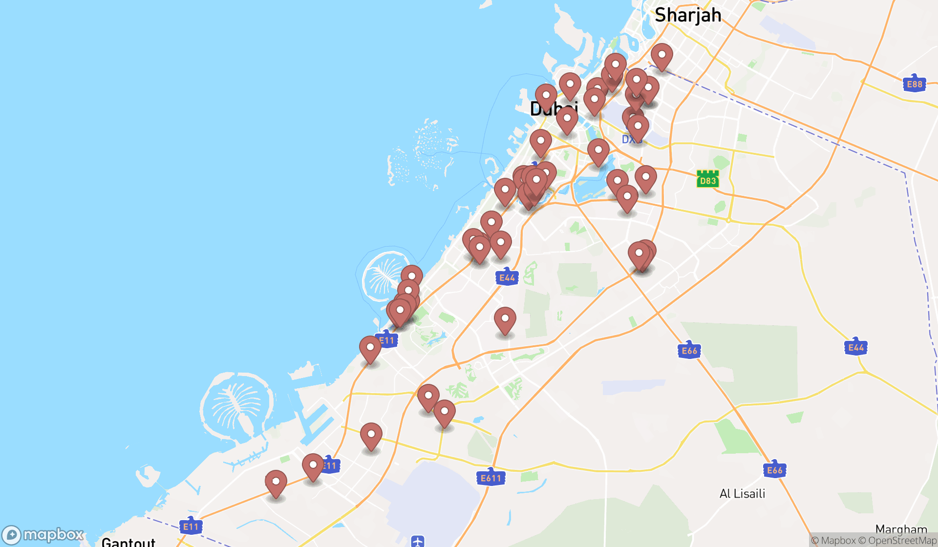 Map showing the search results in Dubai