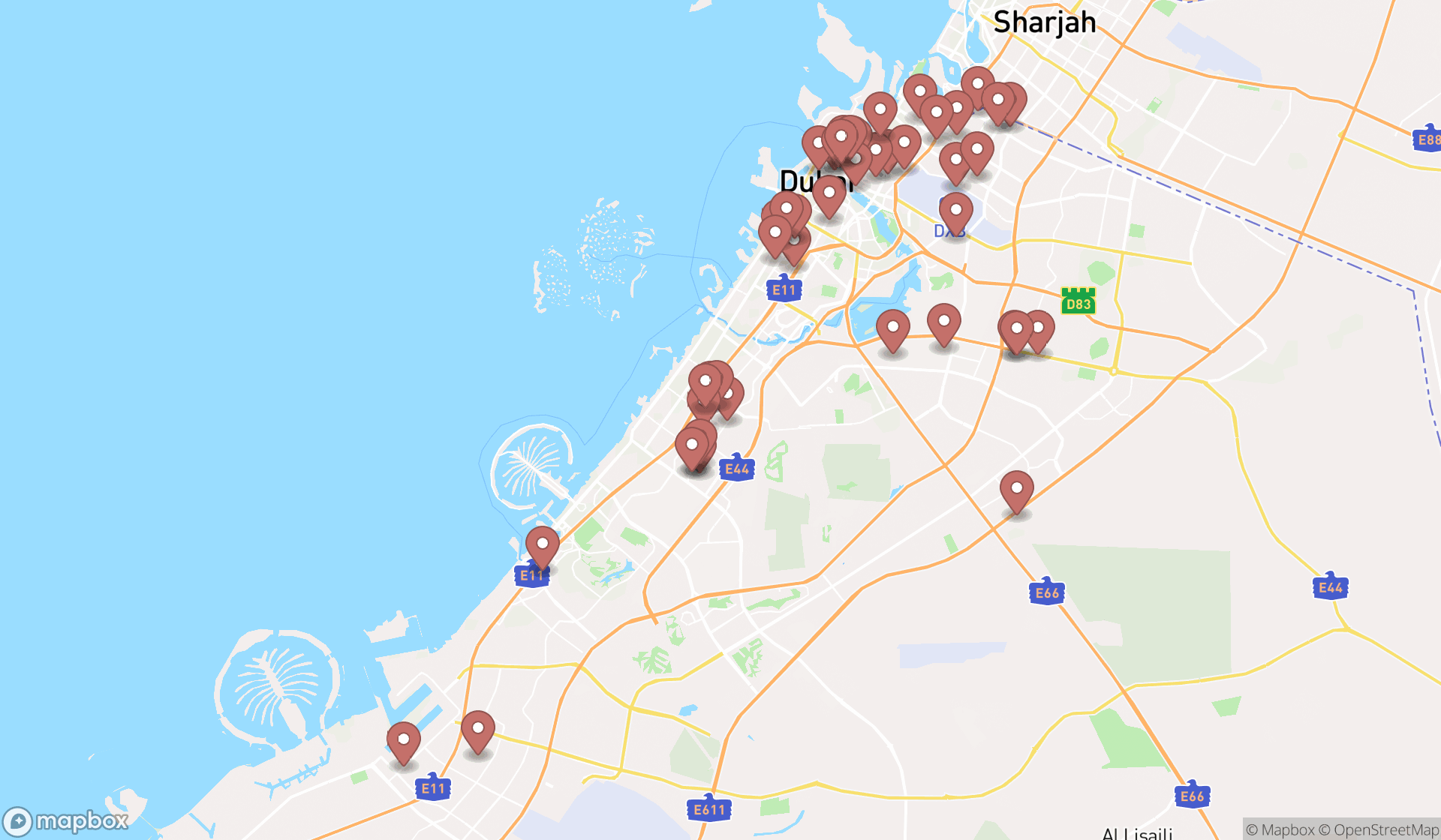 Map showing the search results in Dubai