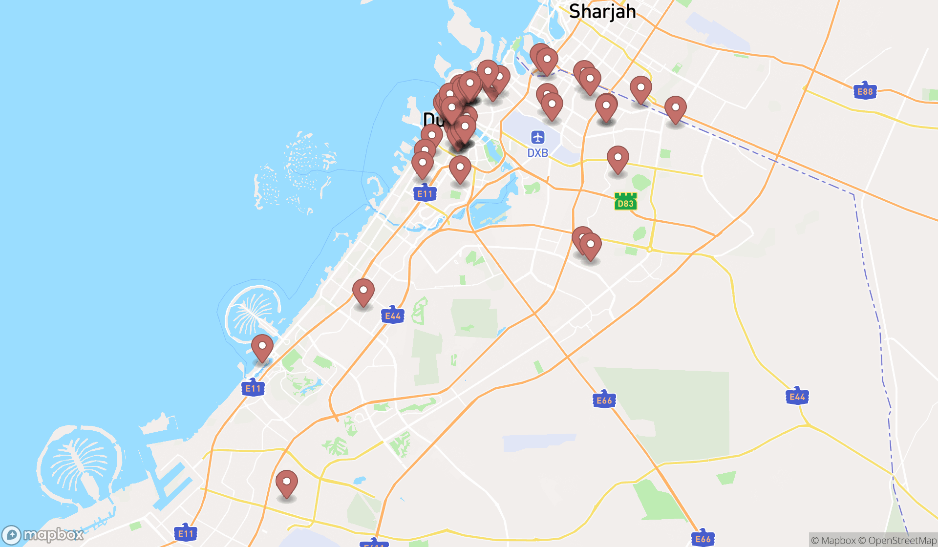 Map showing the search results in Dubai