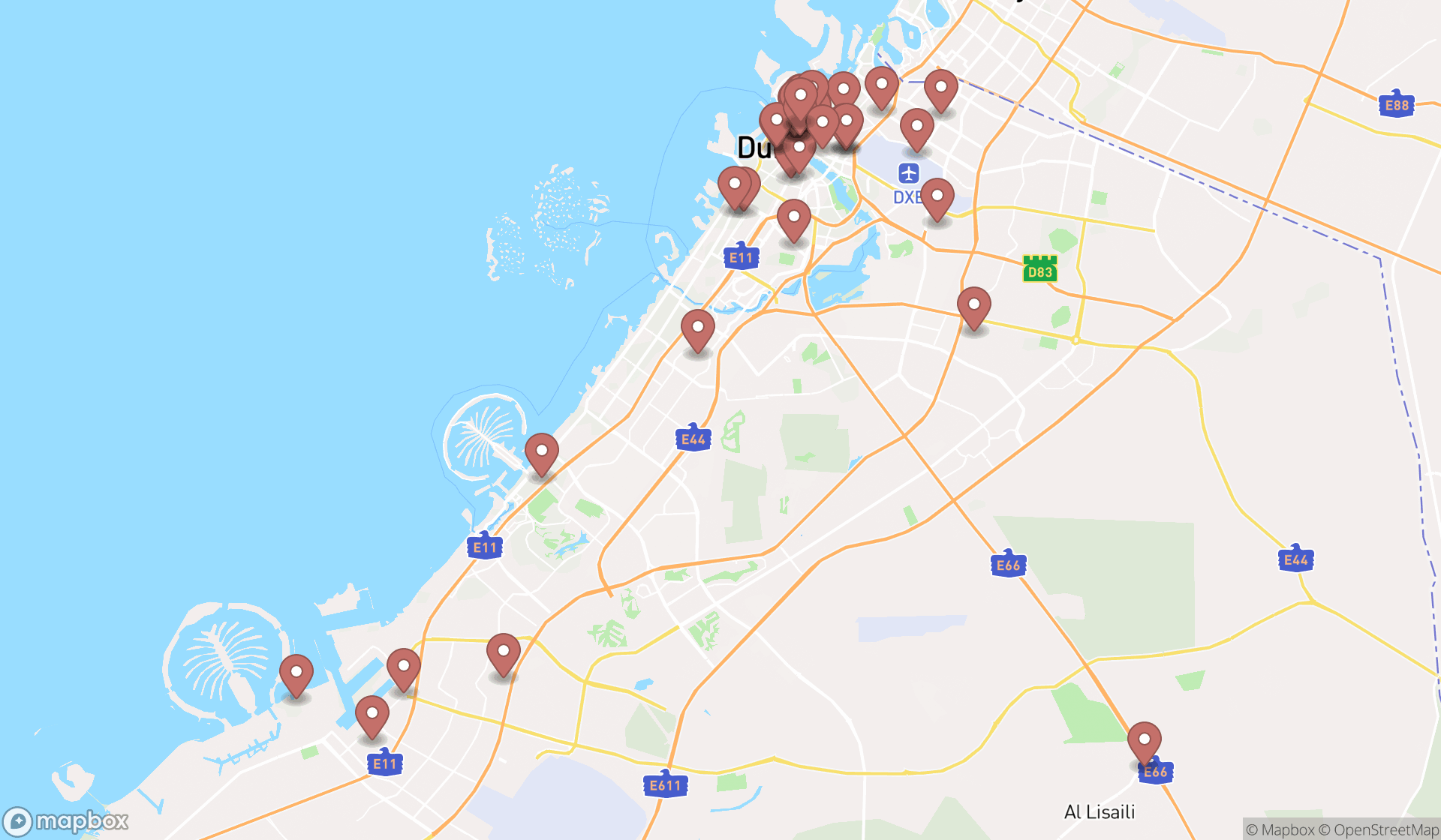 Map showing the search results in Dubai