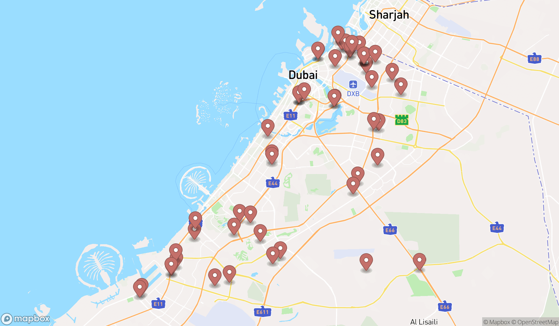 Map showing the search results in Dubai
