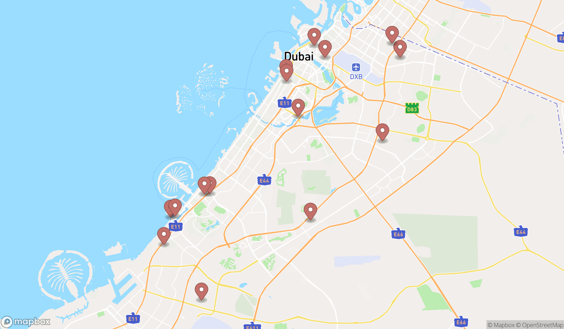 Map showing the search results in Dubai
