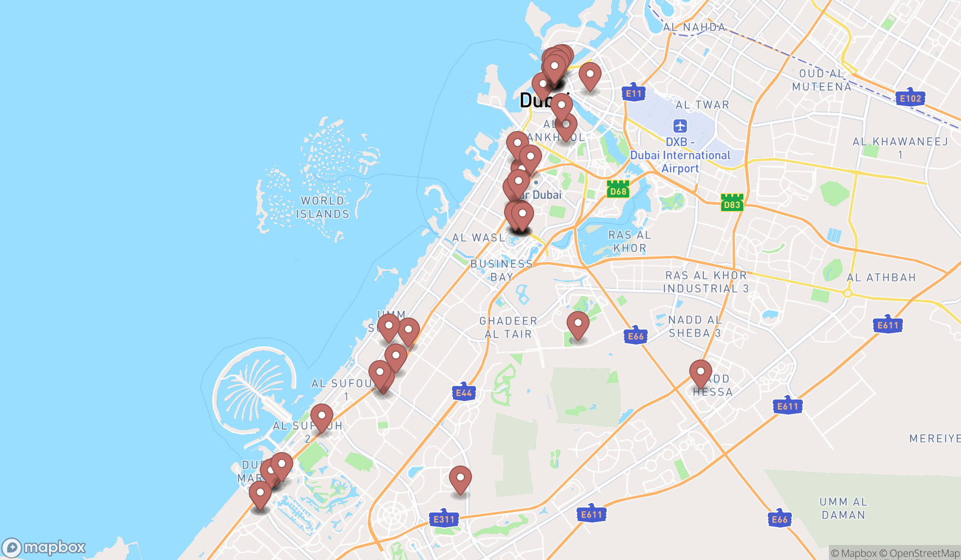 Map showing the search results in Dubai
