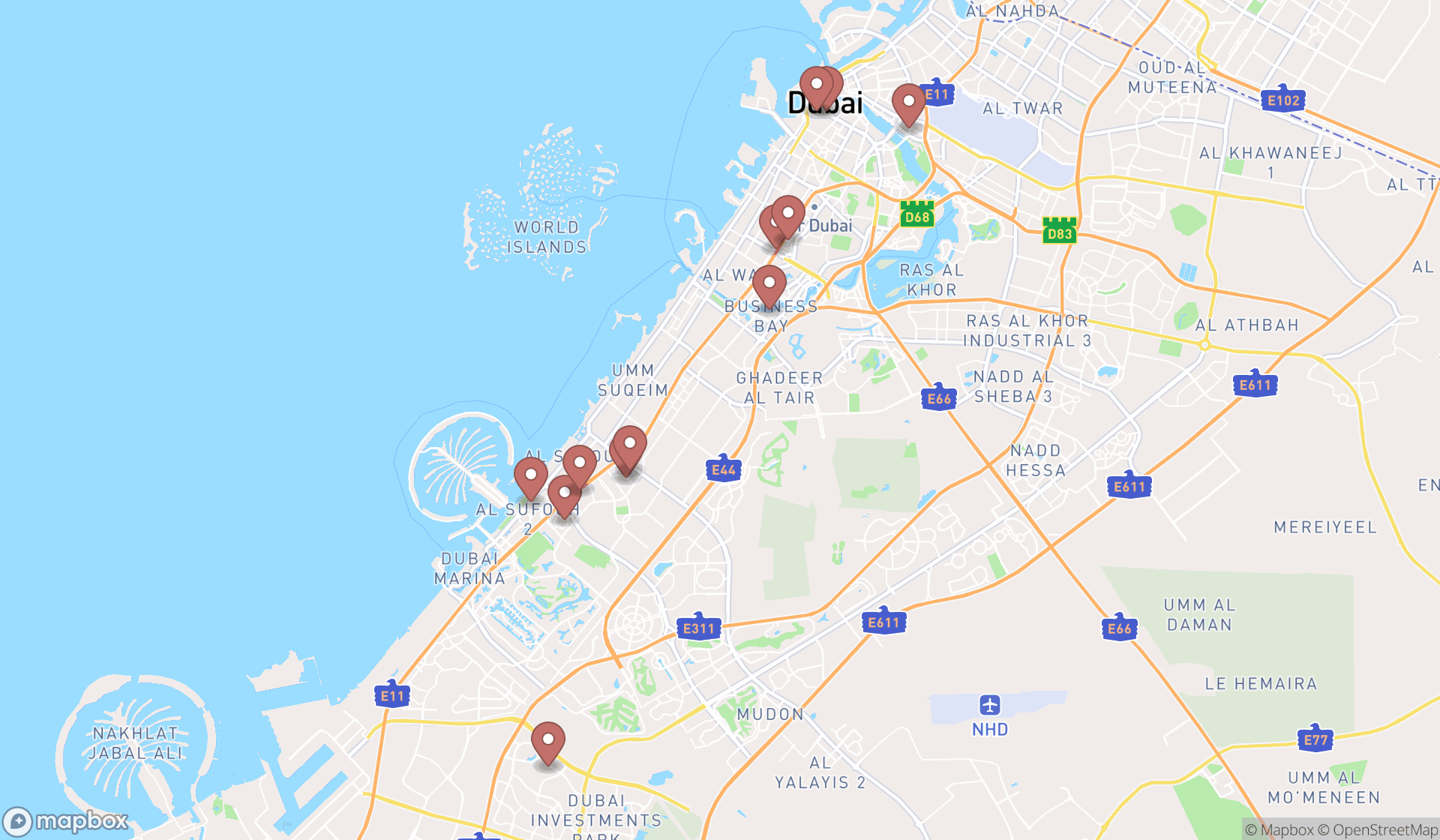 Map showing the search results in Dubai