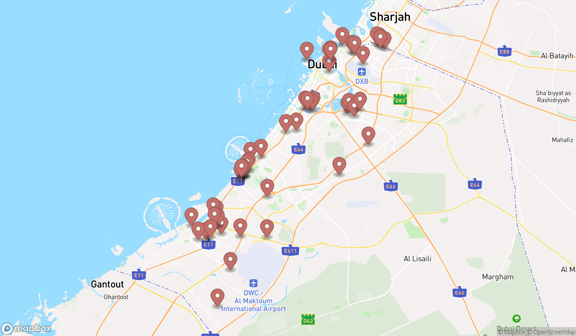 Map showing the search results in Dubai