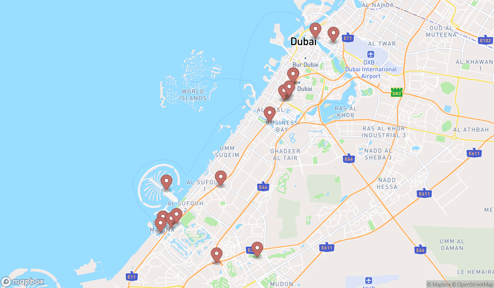 Map showing the search results in Dubai