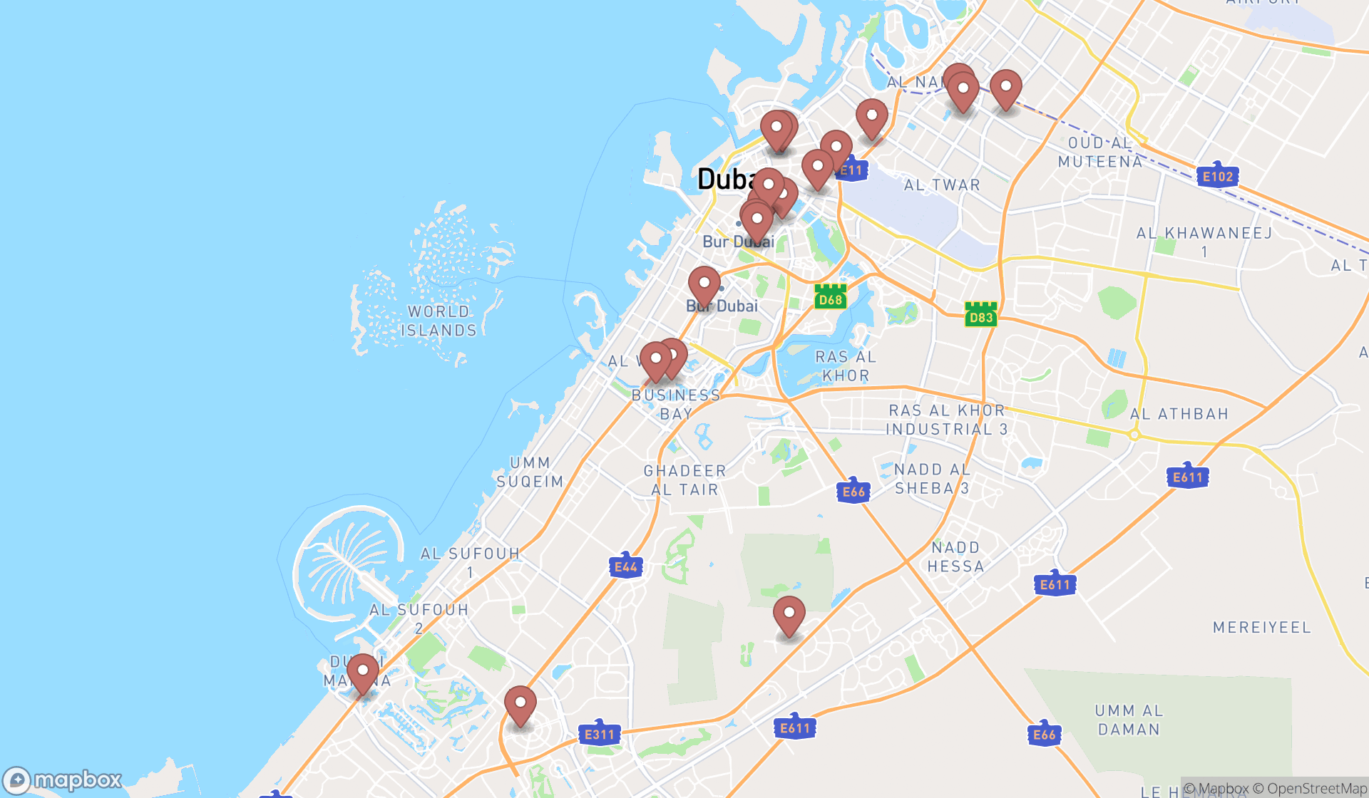 Map showing the search results in Dubai