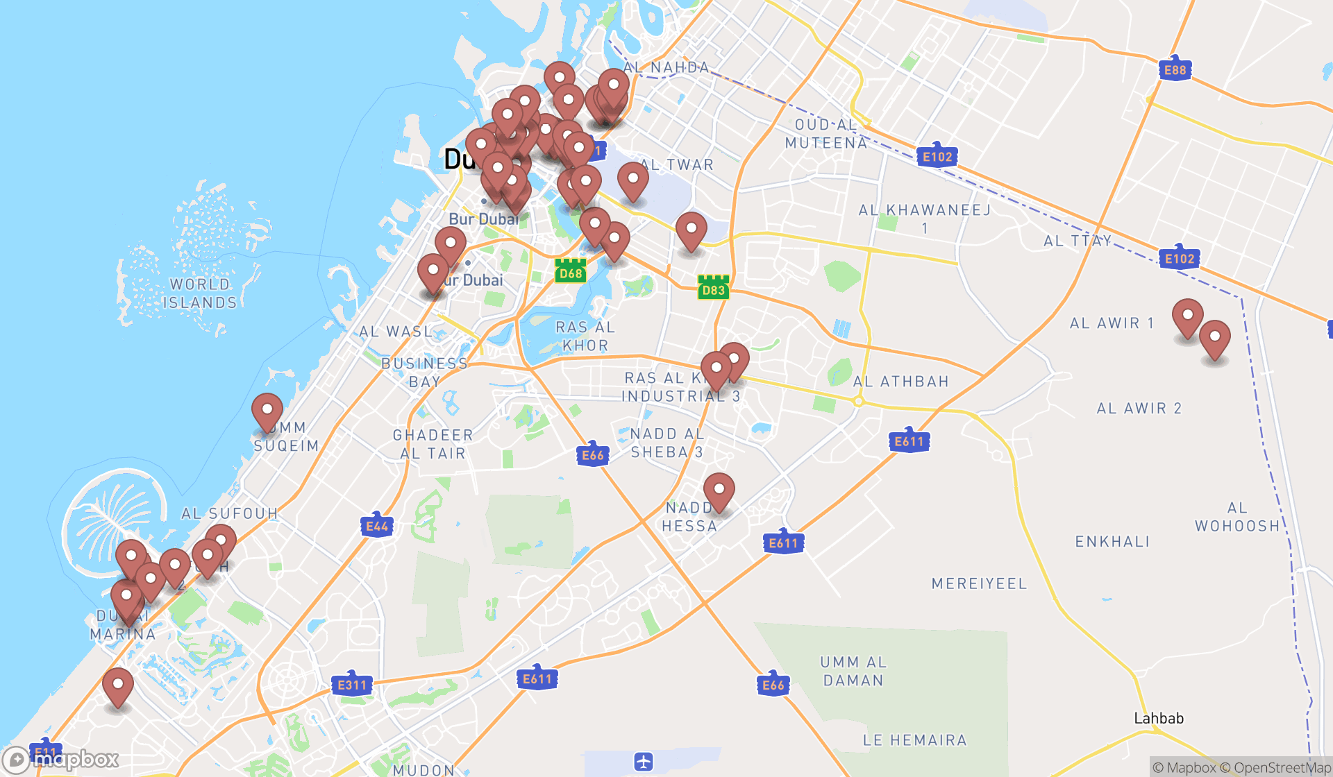 Map showing the search results in Dubai