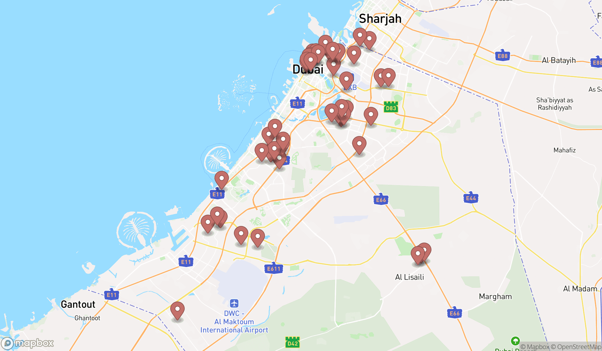 Map showing the search results in Dubai