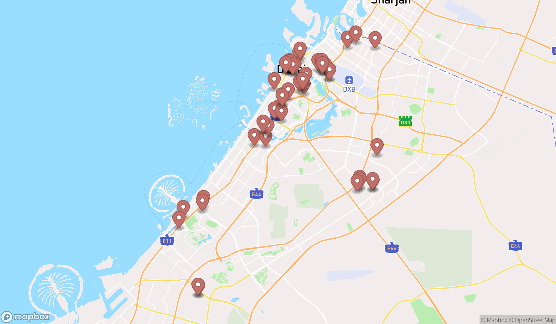 Map showing the search results in Dubai