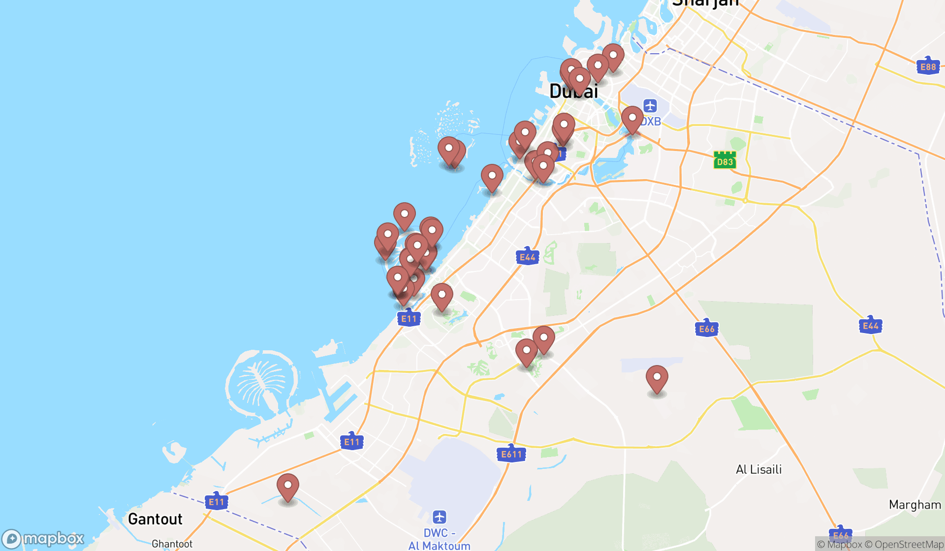 Map showing the search results in Dubai