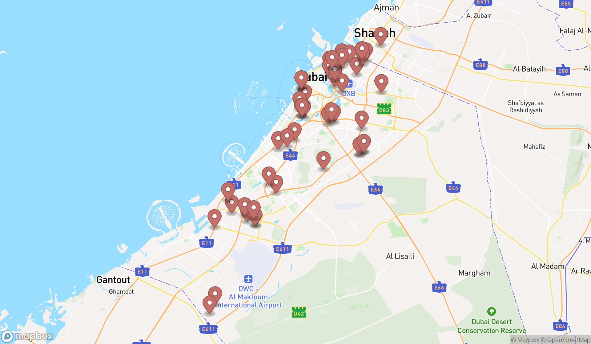 Map showing the search results in Dubai
