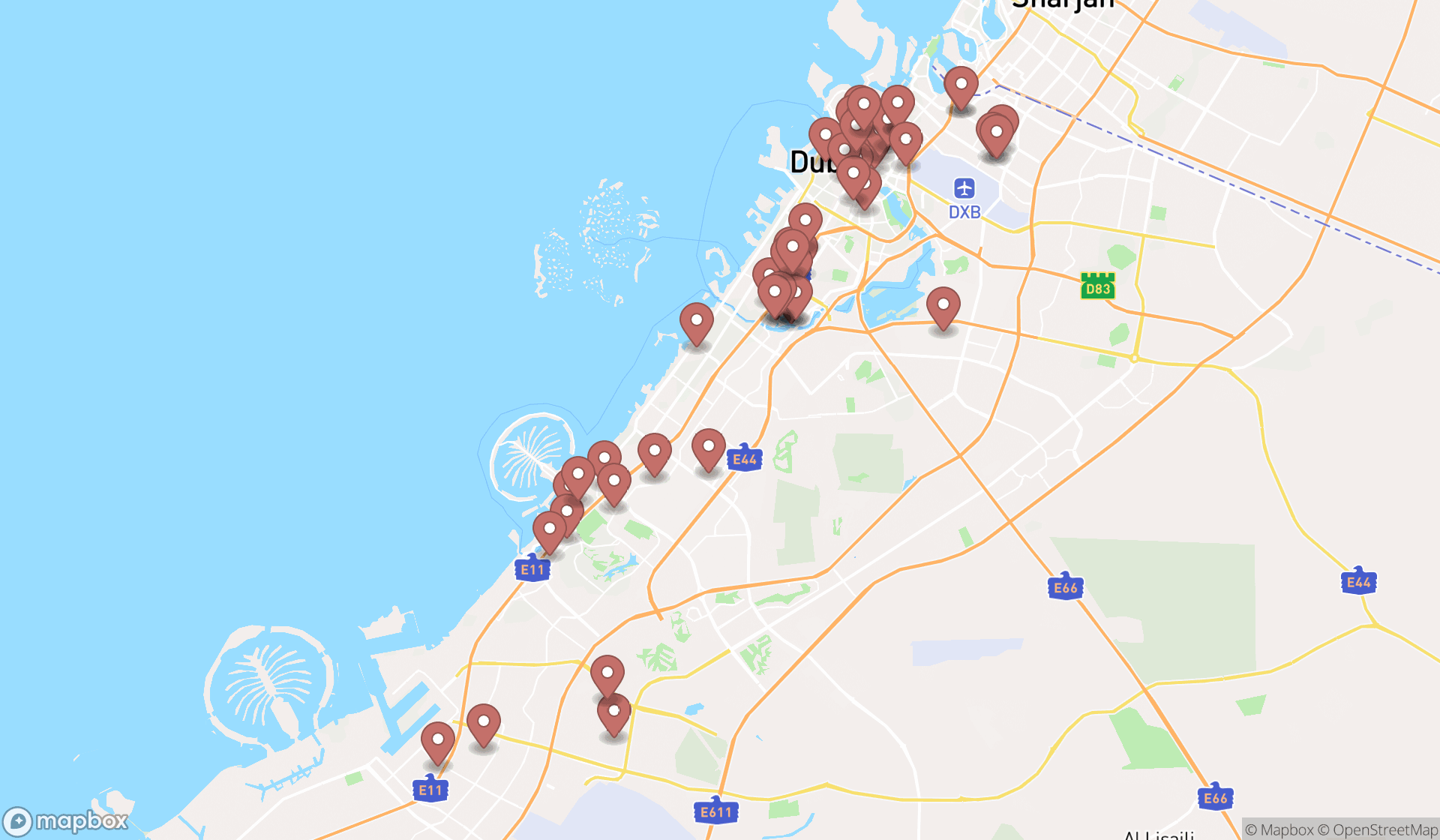 Map showing the search results in Dubai