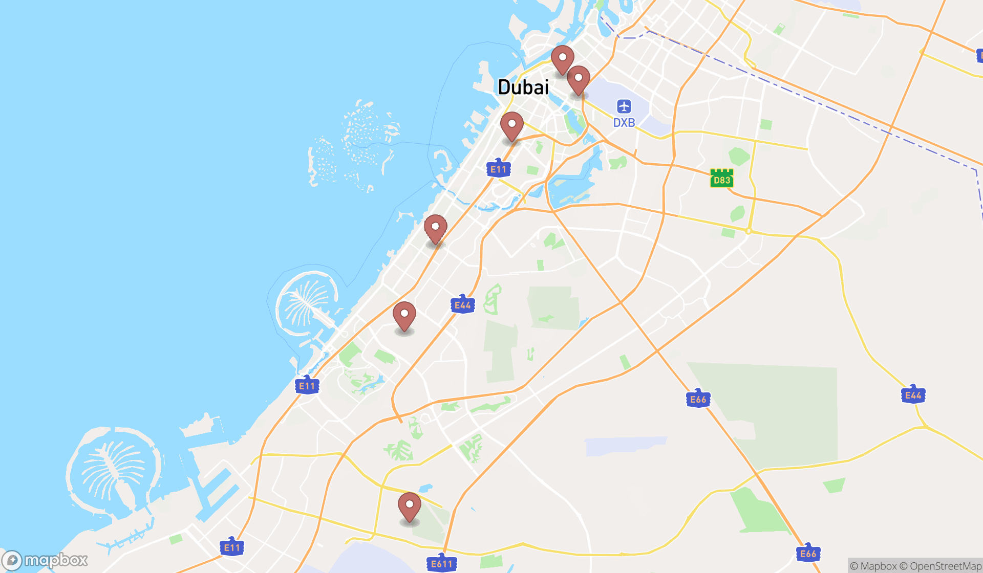 Map showing the search results in Dubai