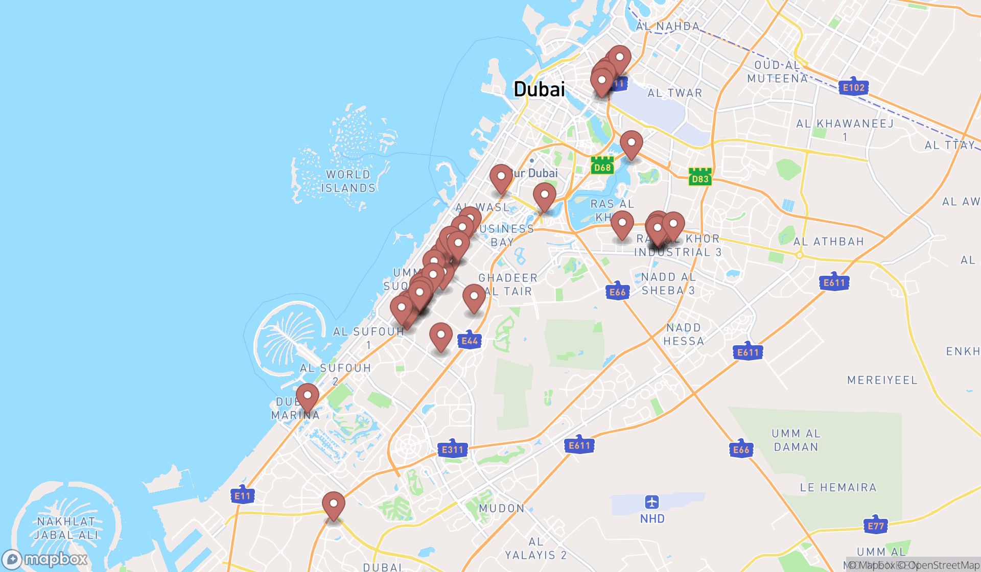 Map showing the search results in Dubai