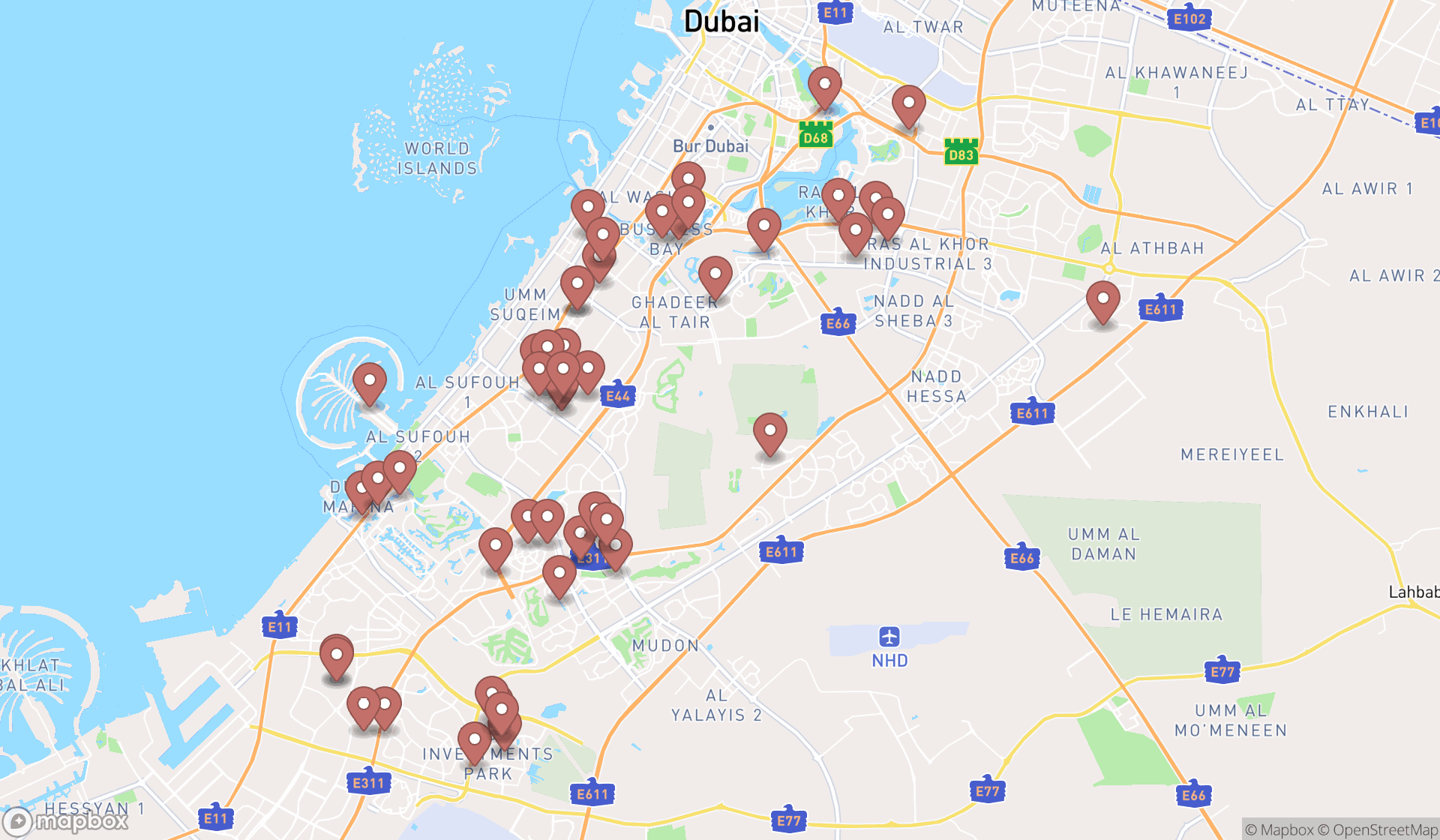Map showing the search results in Dubai