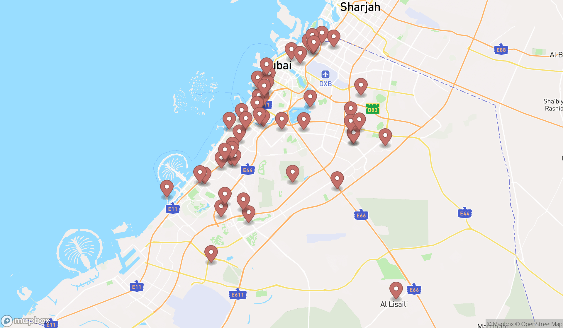 Map showing the search results in Dubai