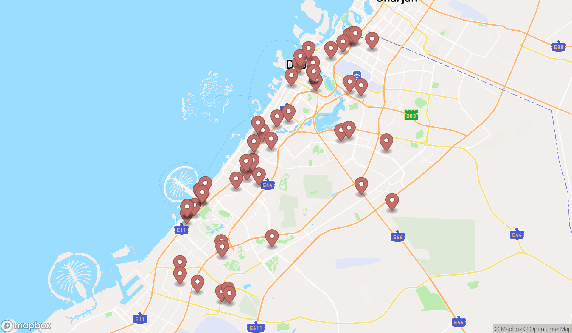 Map showing the search results in Dubai