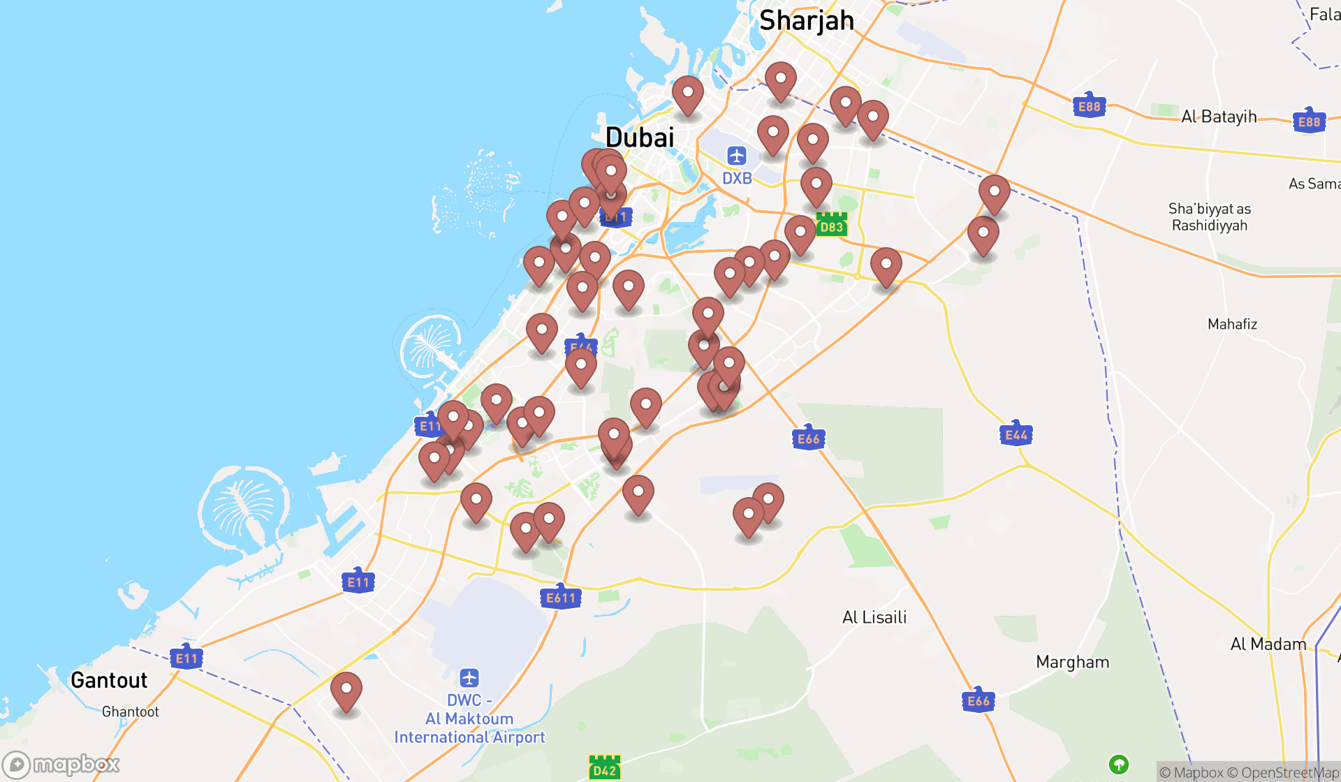 Map showing the search results in Dubai