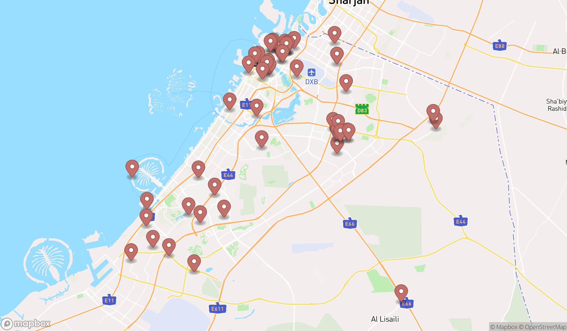 Map showing the search results in Dubai