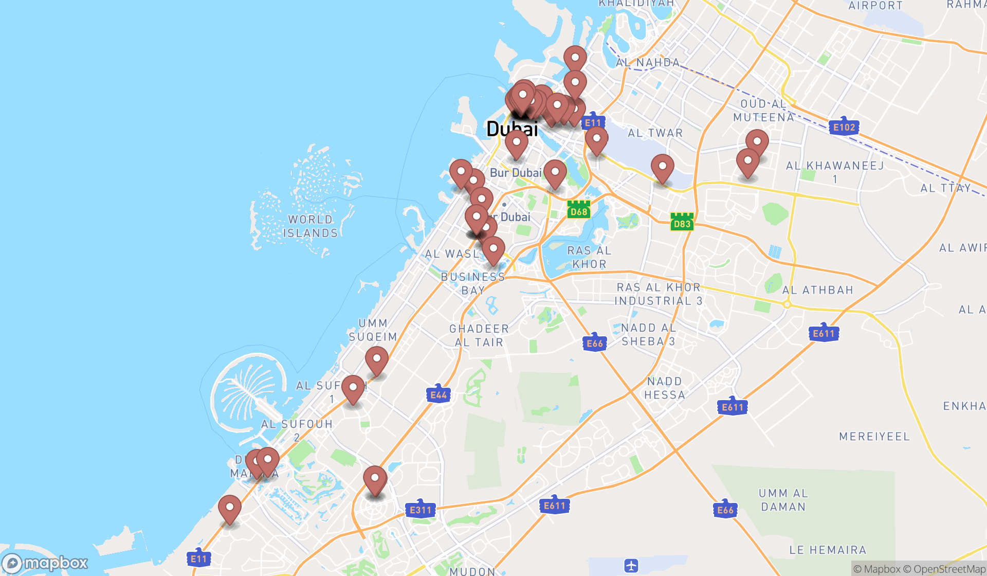Map showing the search results in Dubai