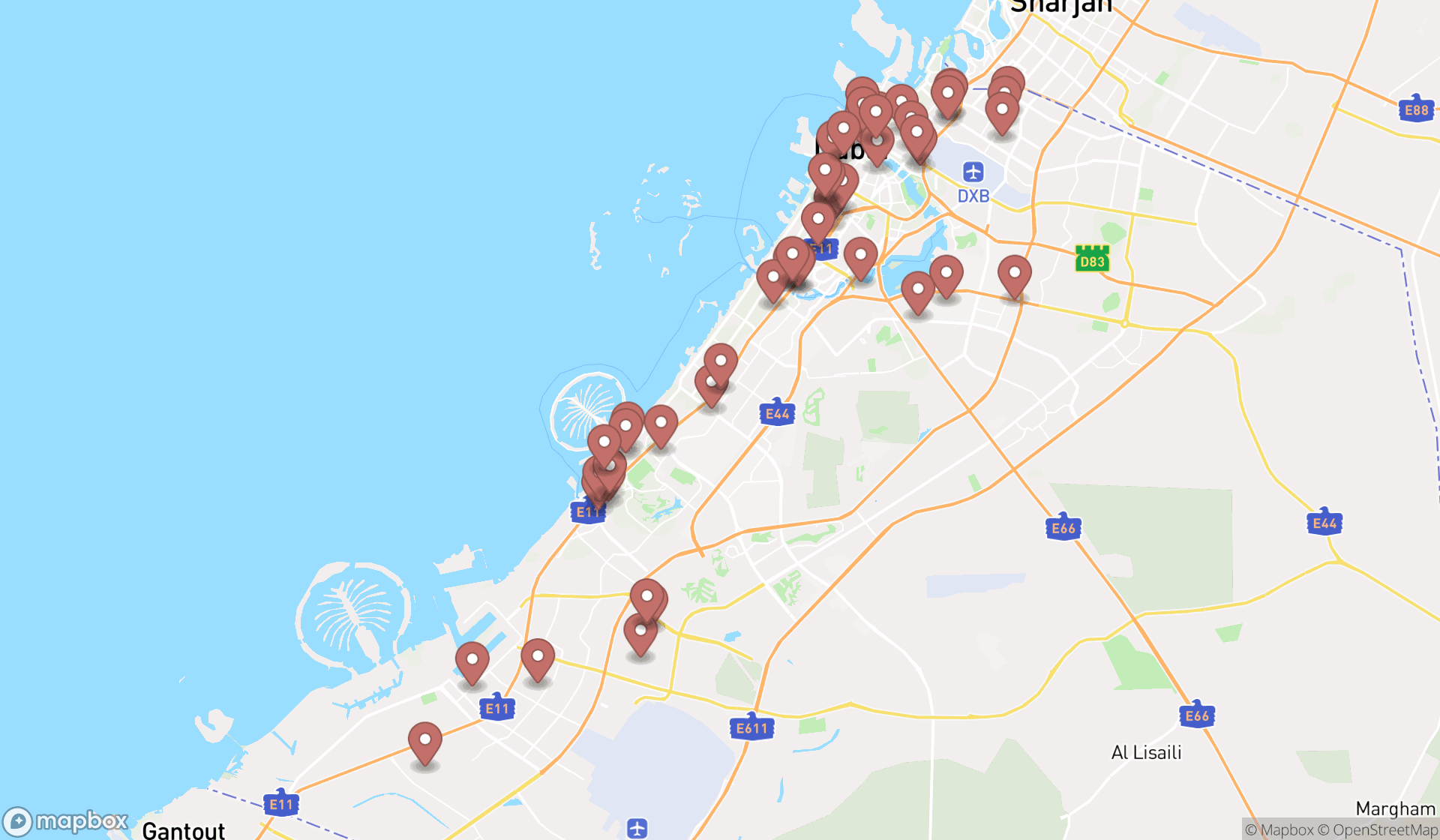 Map showing the search results in Dubai