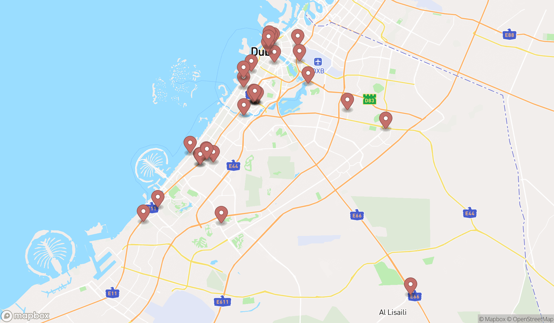 Map showing the search results in Dubai