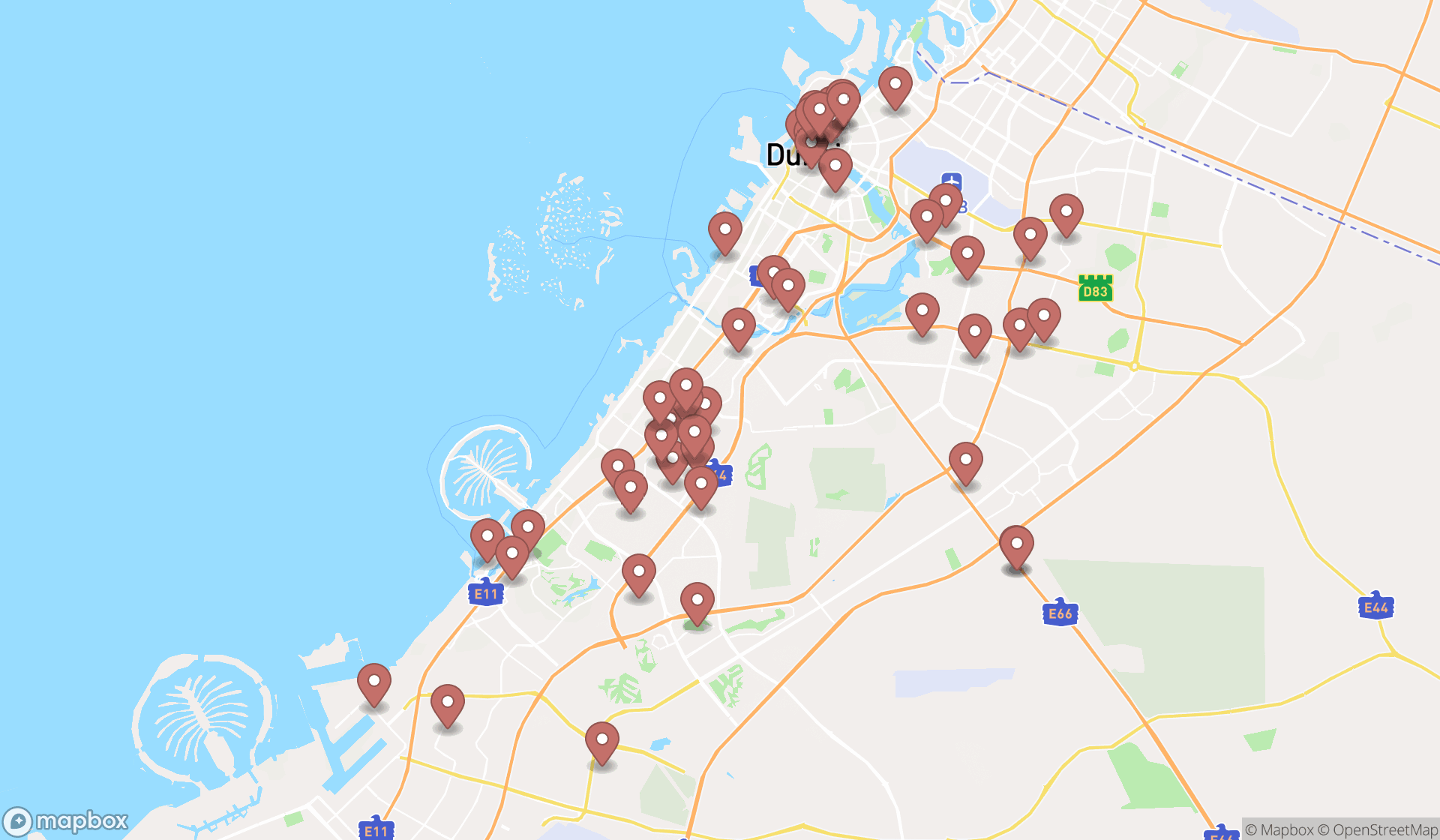 Map showing the search results in Dubai