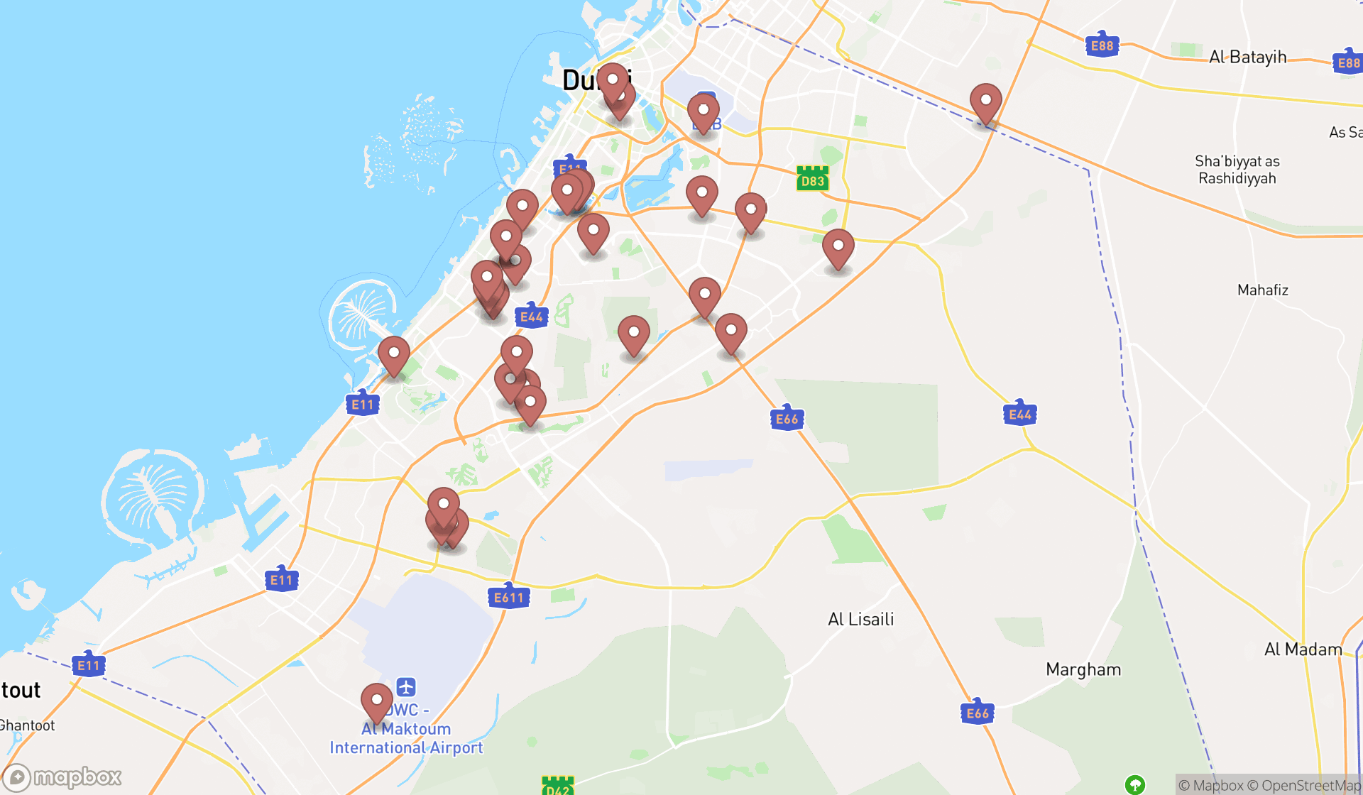 Map showing the search results in Dubai