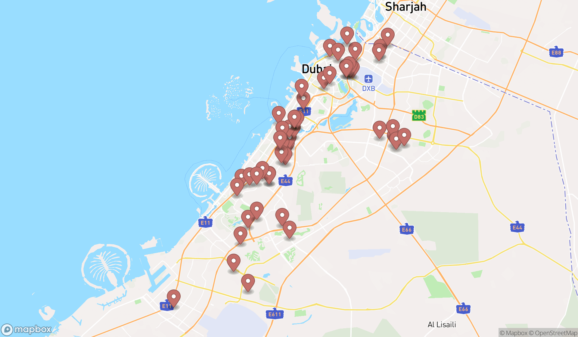 Map showing the search results in Dubai
