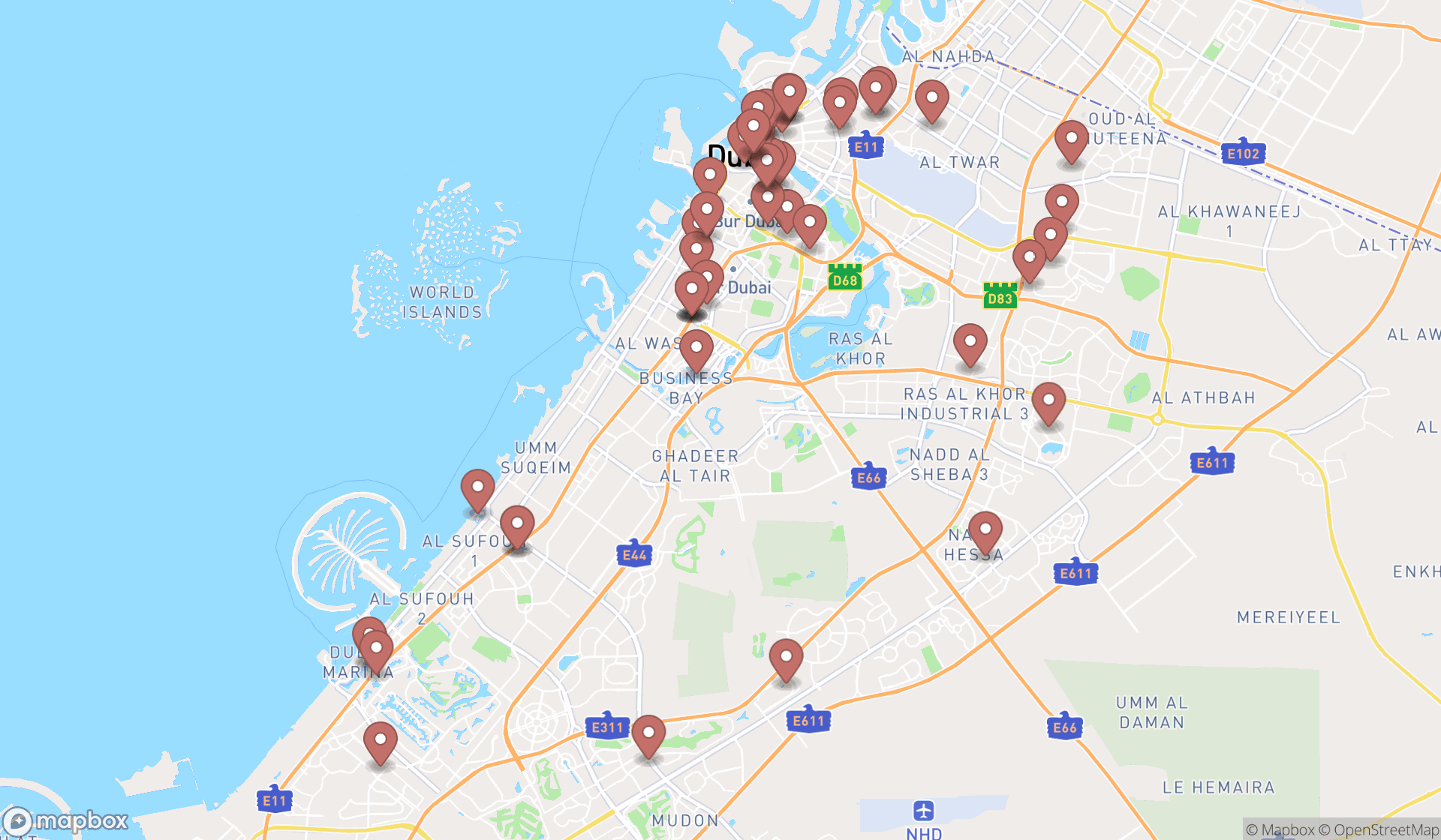 Map showing the search results in Dubai