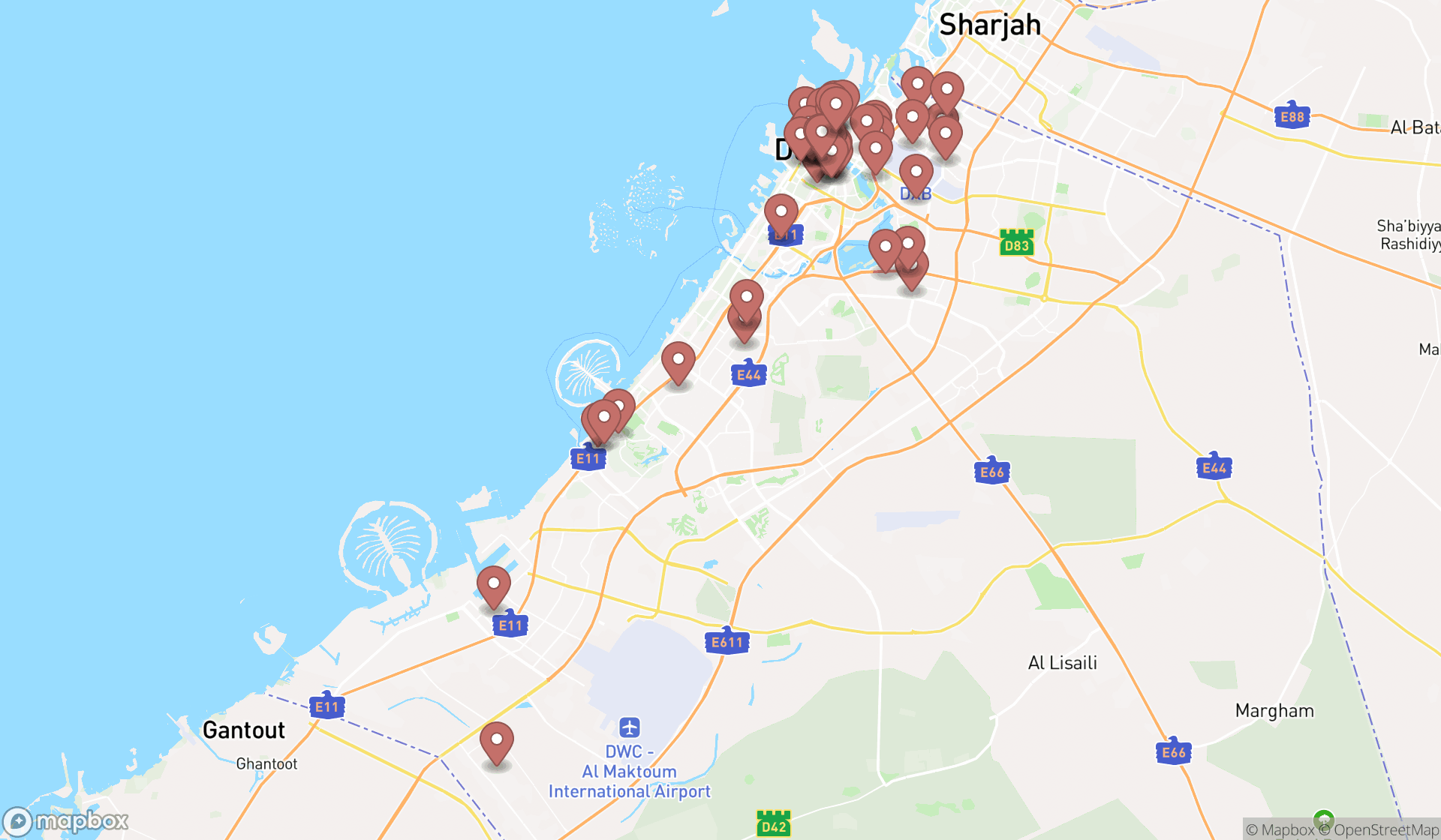 Map showing the search results in Dubai