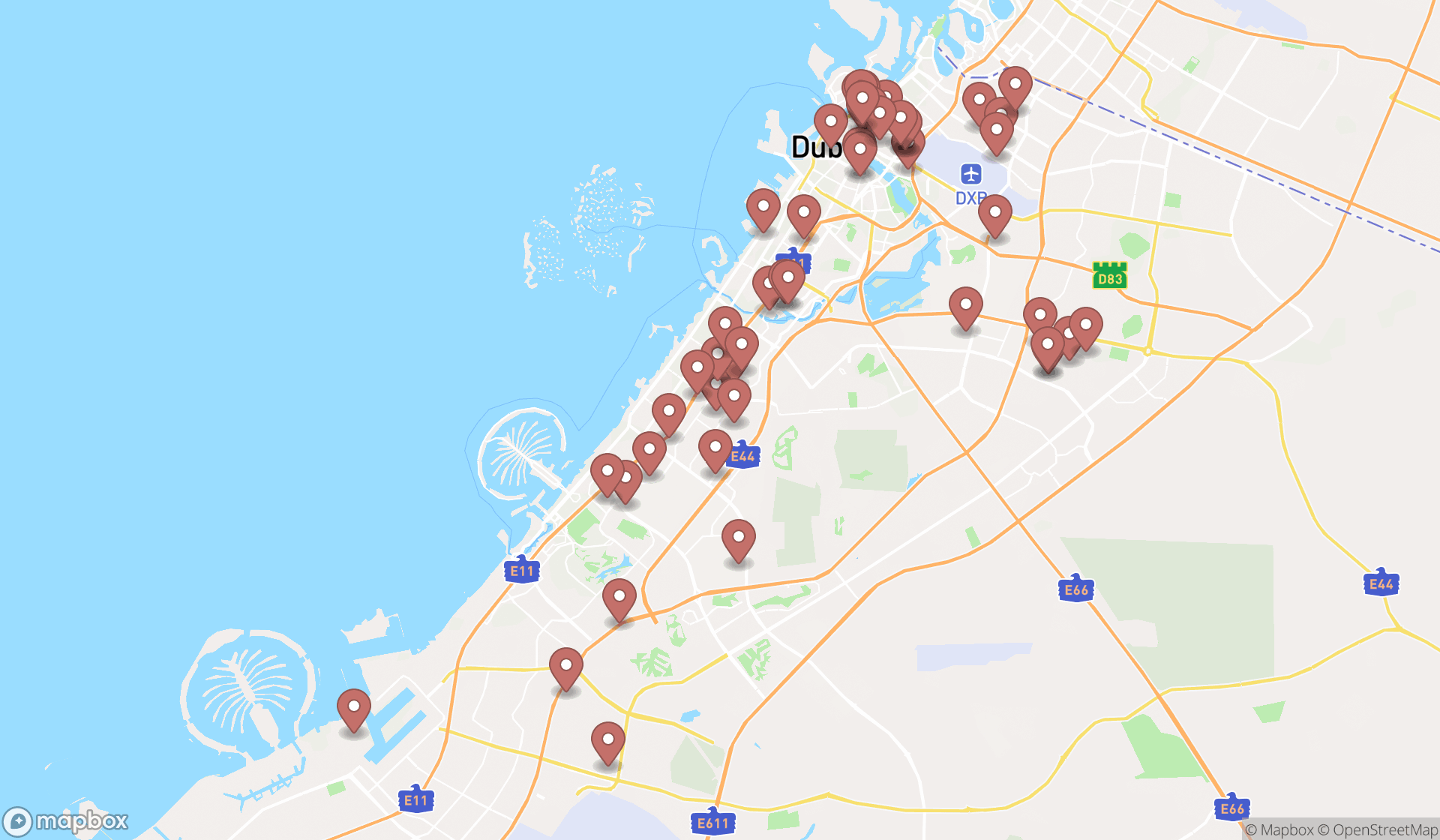 Map showing the search results in Dubai