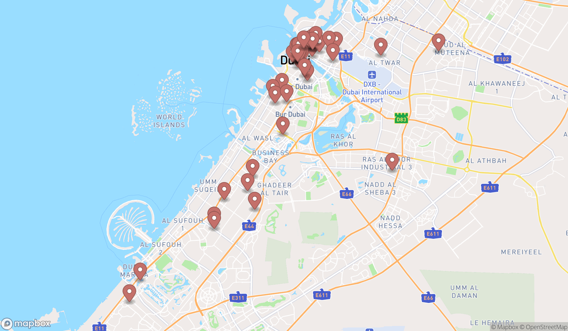 Map showing the search results in Dubai